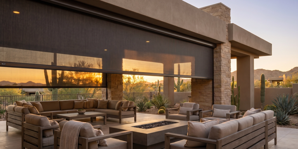 Covered desert patio with motorized outdoor screens lowered at sunset