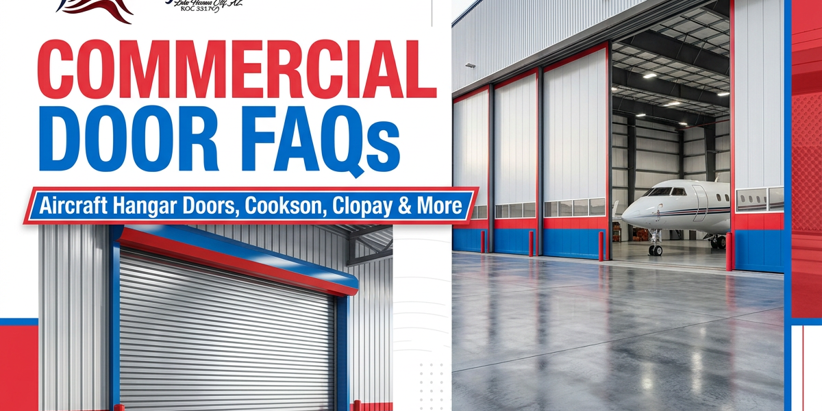 Commercial Door FAQs header featuring professional rolling steel doors and aircraft hangar doors with Shaver's Garage Doors logo. Bright red, white, and blue design highlighting commercial door services."