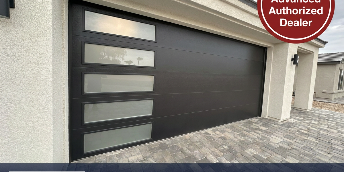 Clopay Modern Steel garage door with frosted glass inserts installed by Shaver's Garage Doors on a Lake Havasu City home — Clopay Advanced Authorized Dealer serving Mohave County.