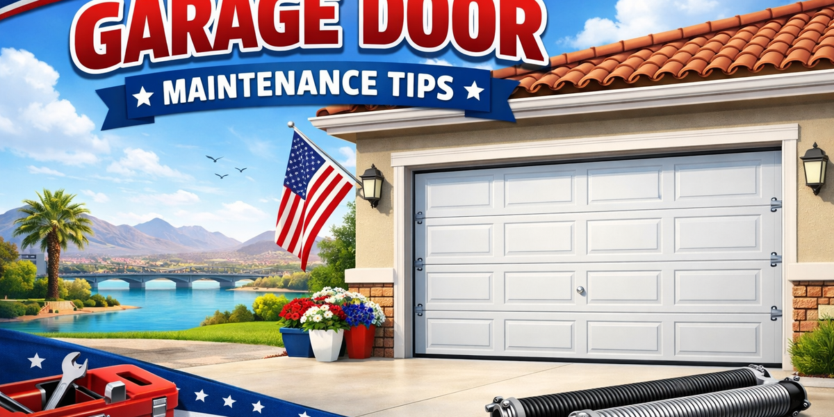 American flag-themed garage door spring safety graphic in red, white, and blue, featuring a properly oriented garage door and Lake Havasu City styling