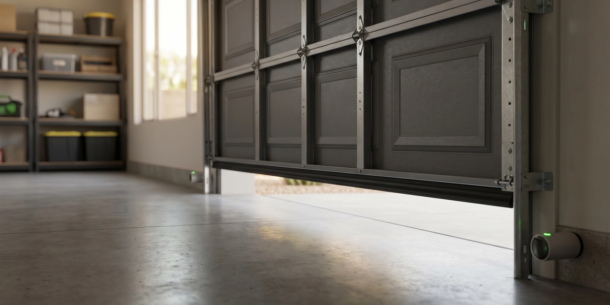 Residential garage door stopped near the floor with aligned safety sensors visible by the tracks