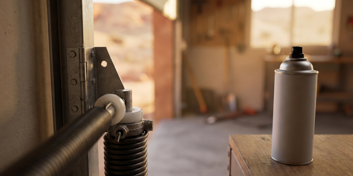 Garage door torsion spring and roller hardware with an unlabeled lubricant can in warm garage light