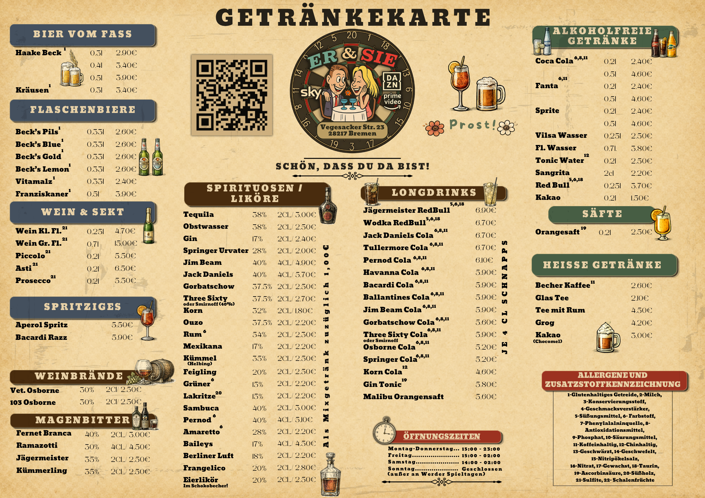 Getränkekarte vom Er & Sie — Bier, Spirituosen, Longdrinks und alkoholfreie Getränke mit Preisen