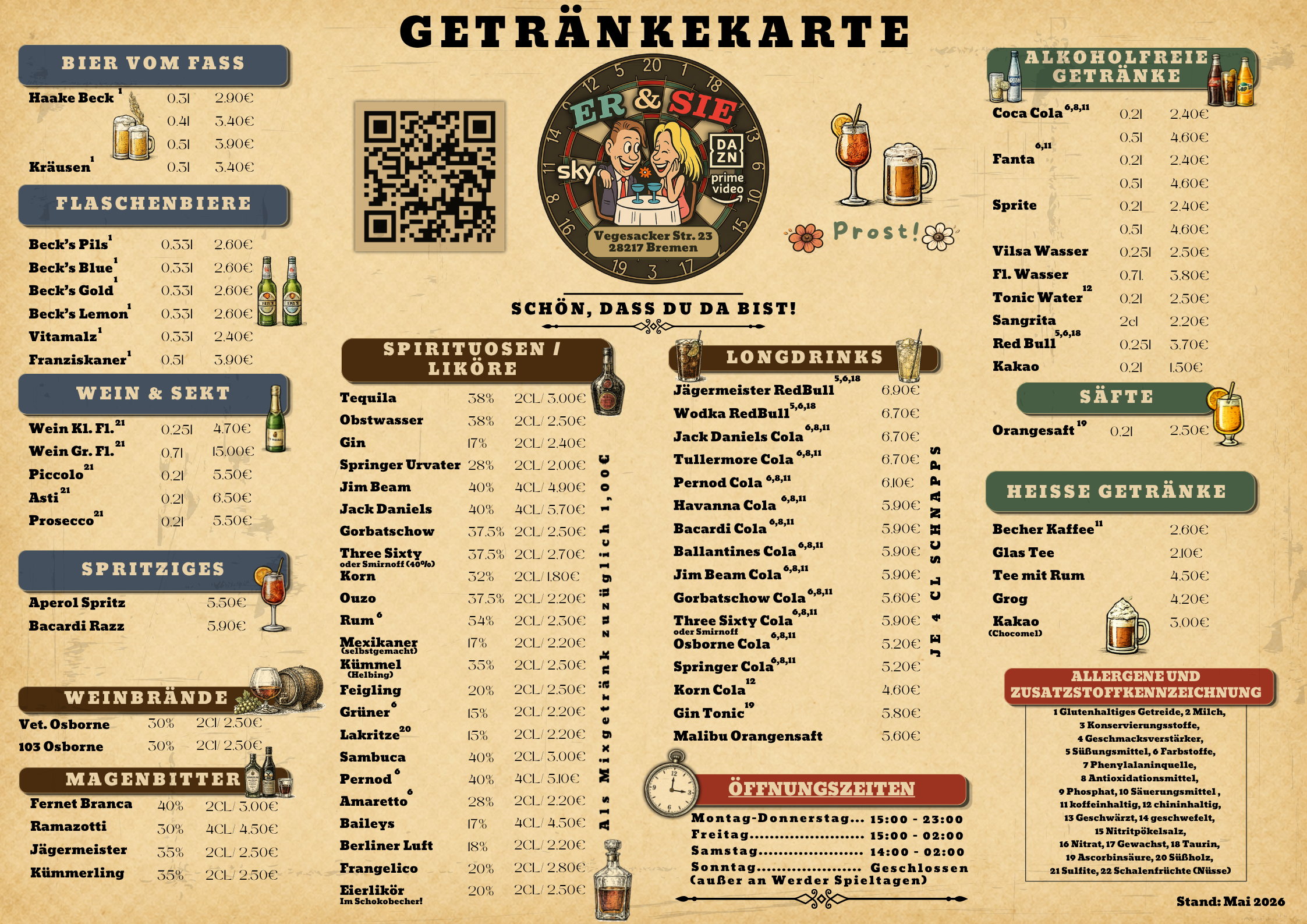 Getränkekarte vom Er & Sie — Bier, Spirituosen, Longdrinks und alkoholfreie Getränke mit Preisen