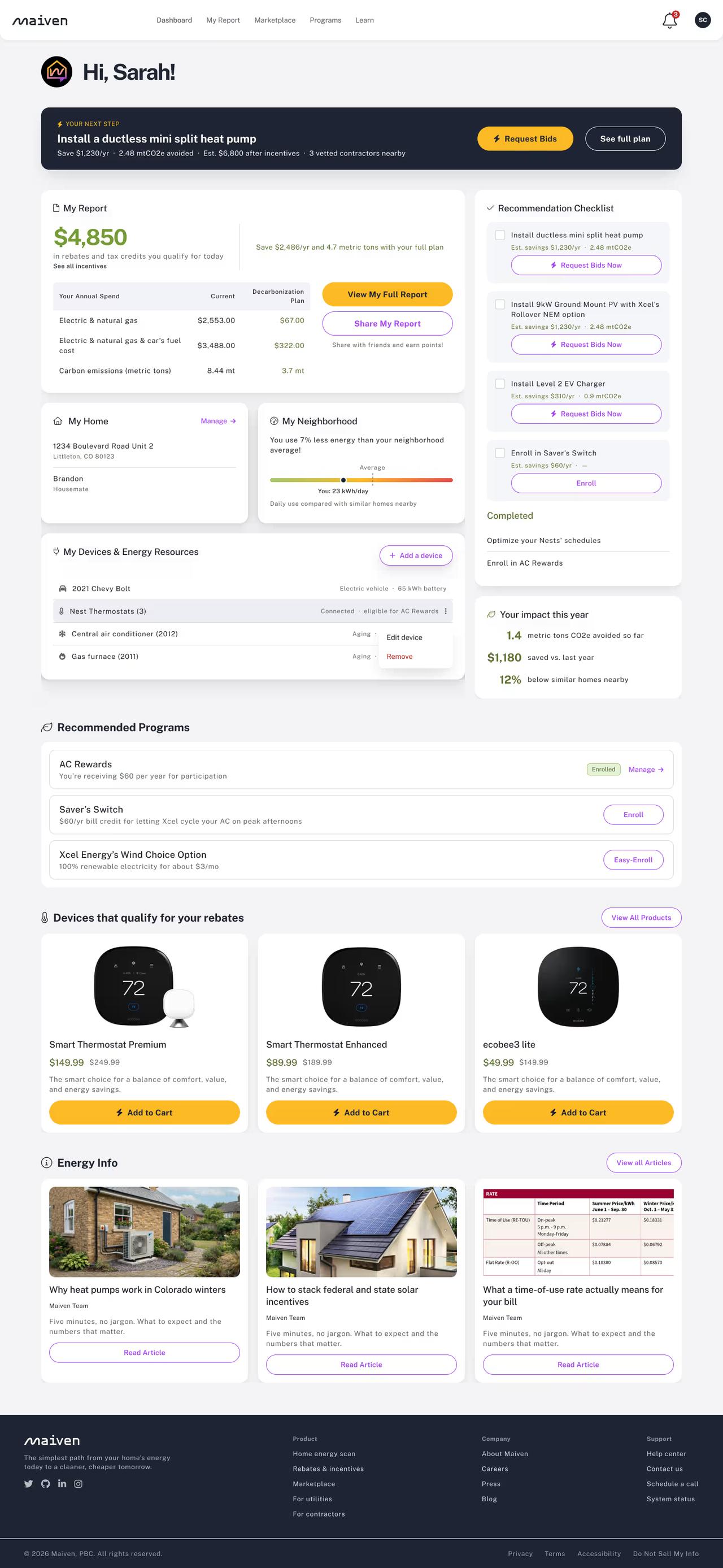 a dashboard for homeowners to see potential energy cost savings