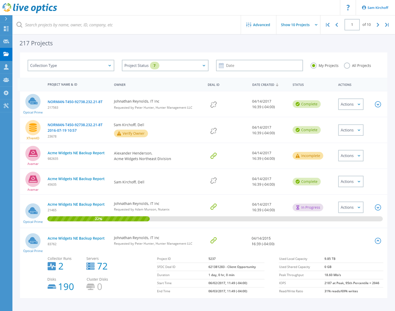 Projects list view