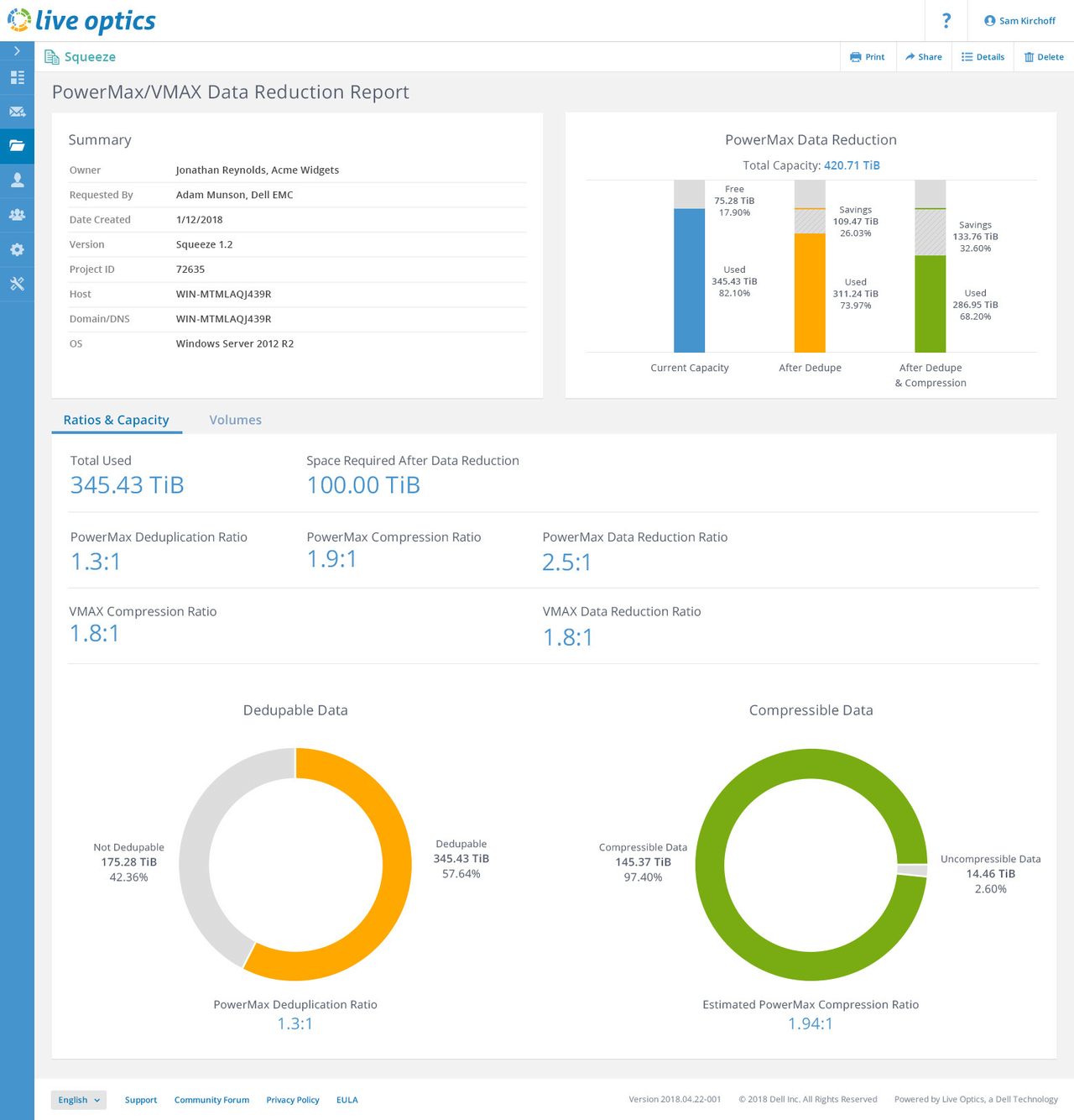 UI mockup of VMAX server data reduction report