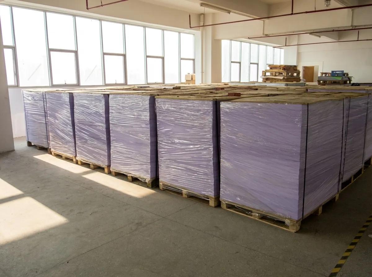 Large scale warehouse storing premium raw paper and film materials for sustainable B2B packaging production at Shinekin factory.