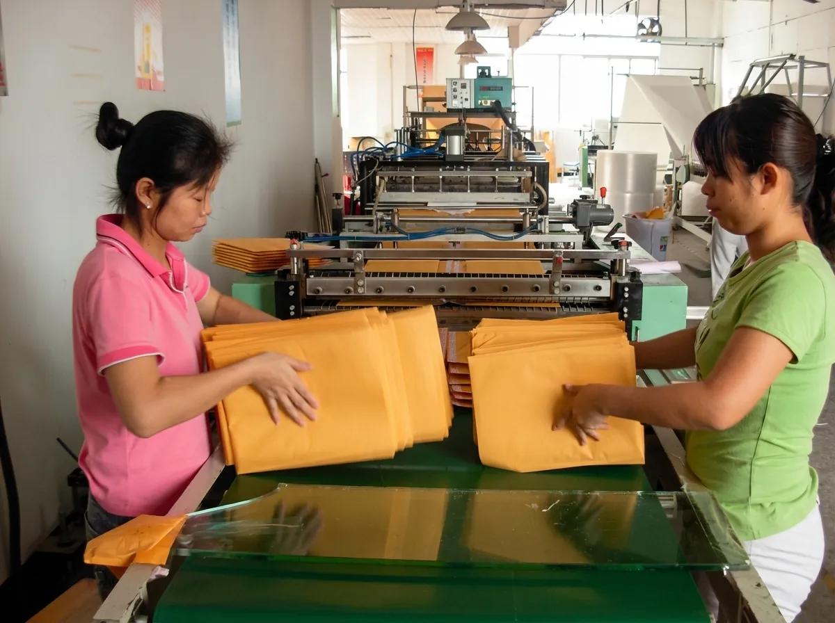 Skilled factory workers operating high-speed kraft envelope production machinery at Shinekin Packing facility in China.