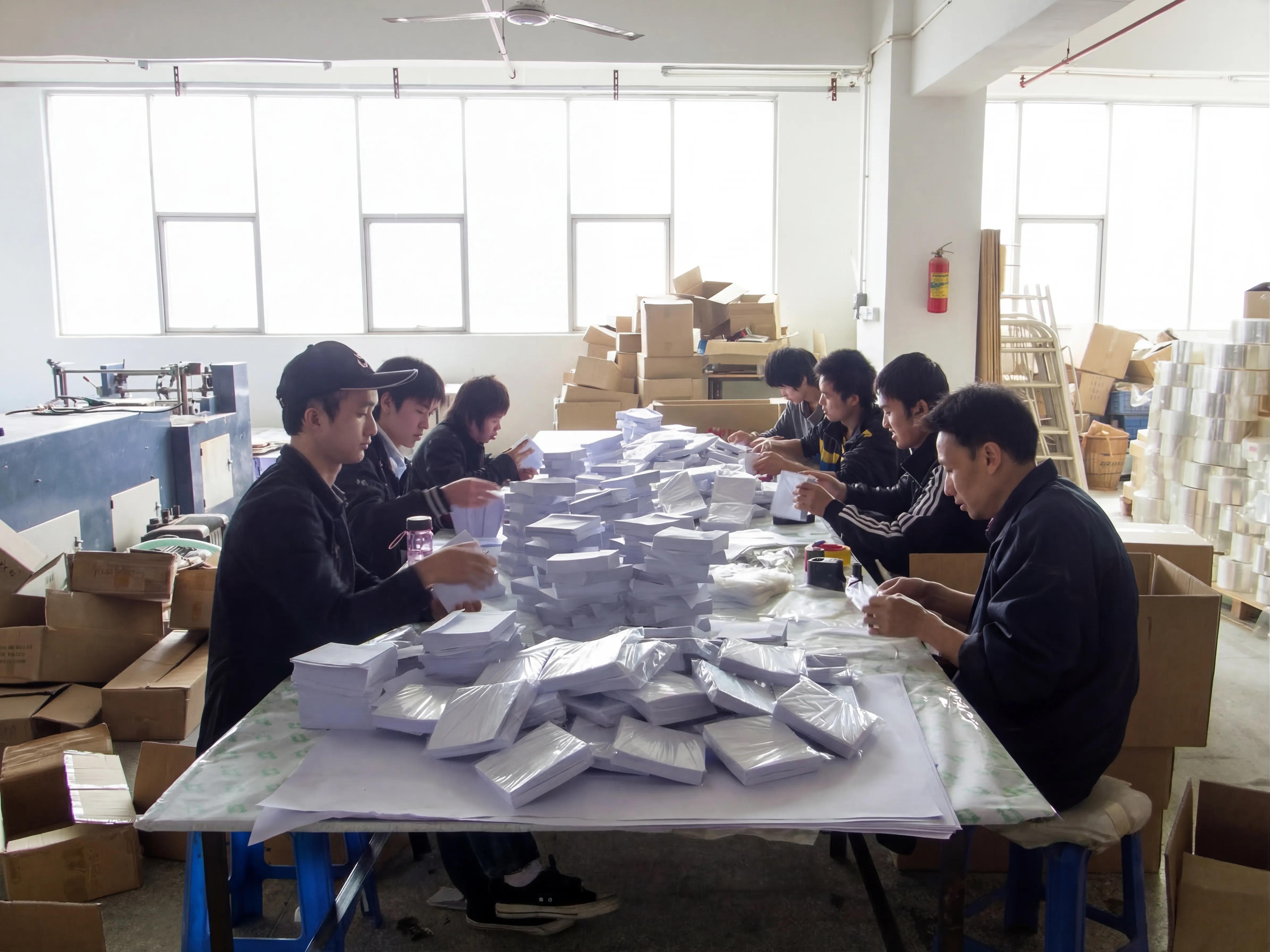 Skilled factory workers operating high-speed kraft envelope production machinery at Shinekin Packing facility in China.
