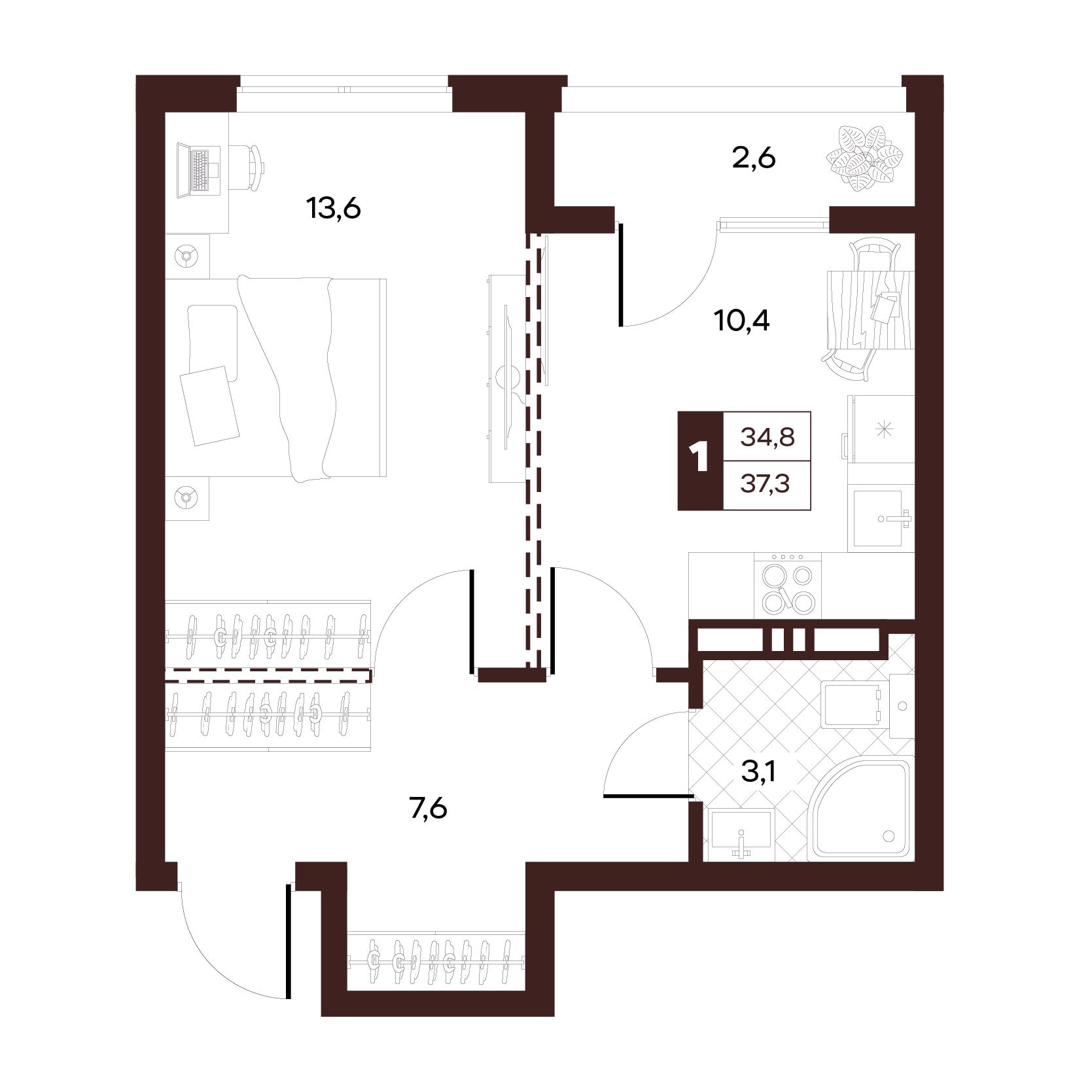 1К квартира 37,3 кв.м.