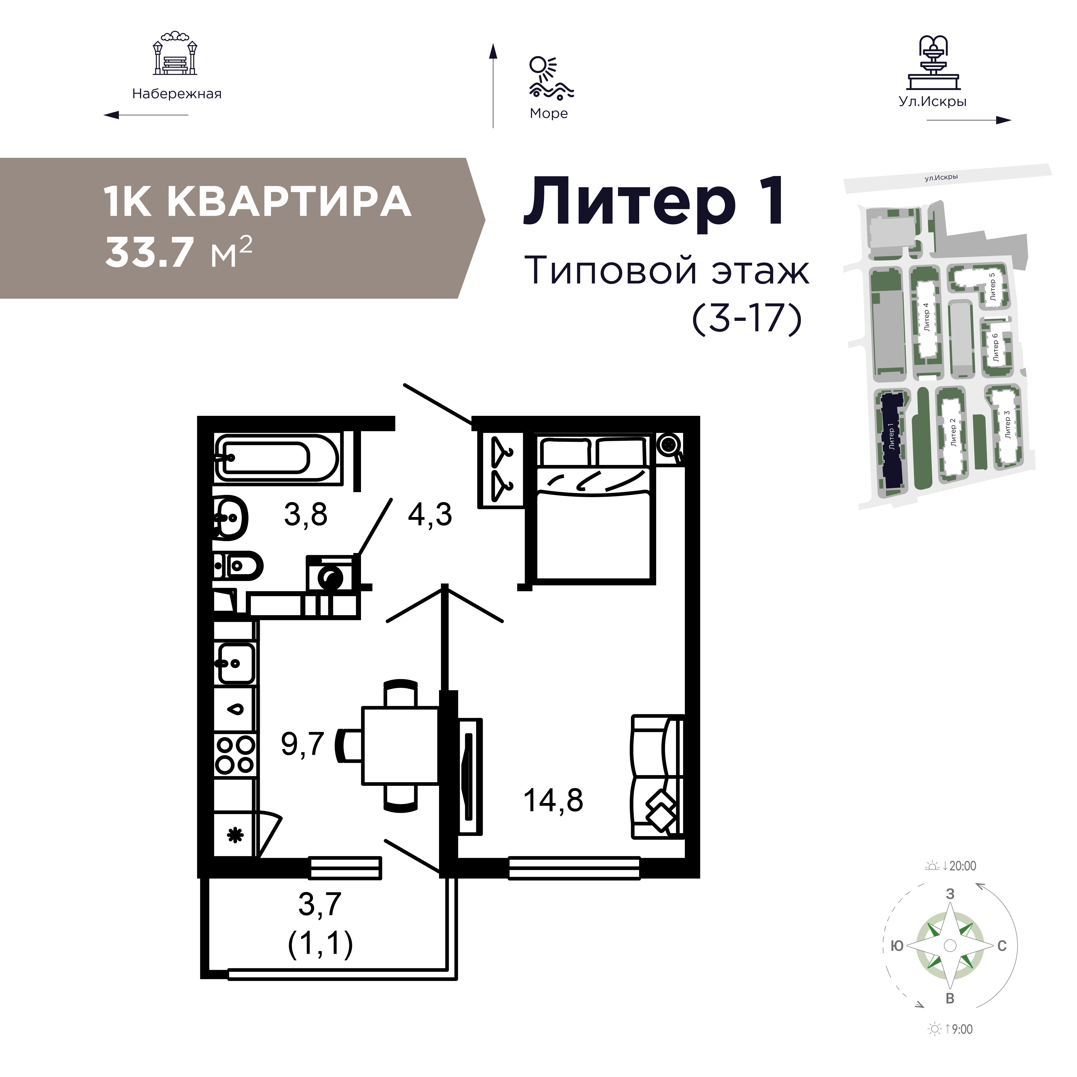 1к квартира 33,7 кв.м.