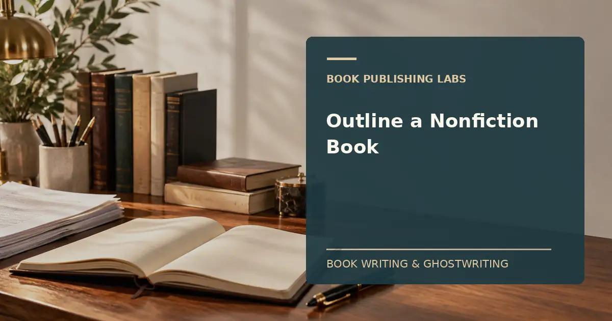 Book Publishing Labs guide to how to outline a nonfiction book: writer desk and manuscript
