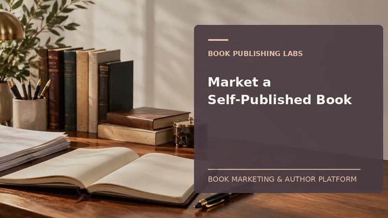 Book Publishing Labs guide to how to market a self published book: writer desk and manuscript
