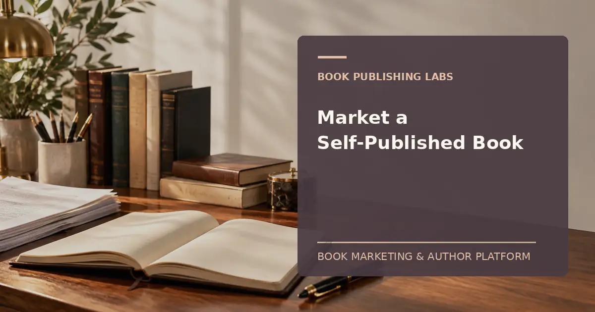Book Publishing Labs guide to how to market a self published book: writer desk and manuscript