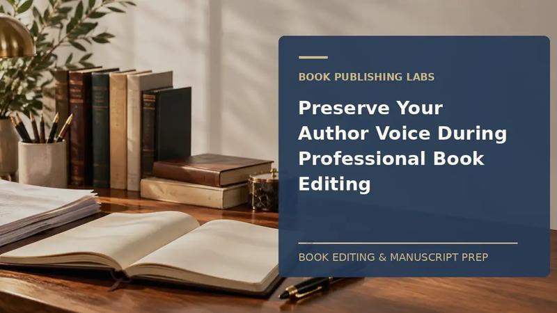 Book Publishing Labs guide to preserve author voice during editing: writer desk and manuscript