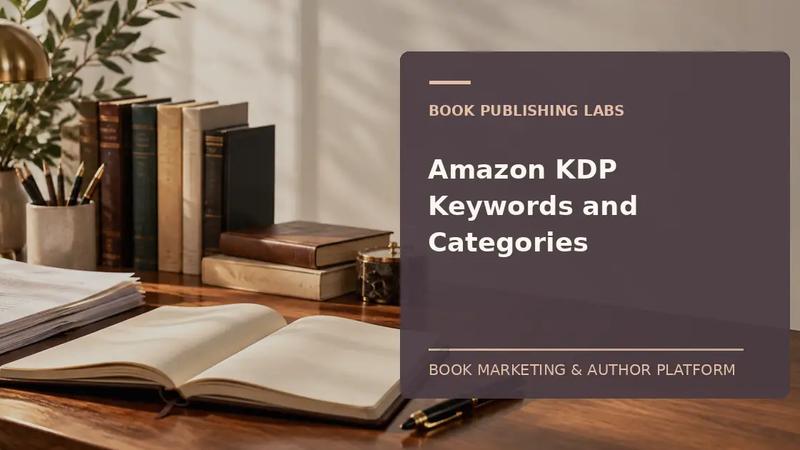 Book Publishing Labs guide to amazon kdp keywords and categories: writer desk and manuscript