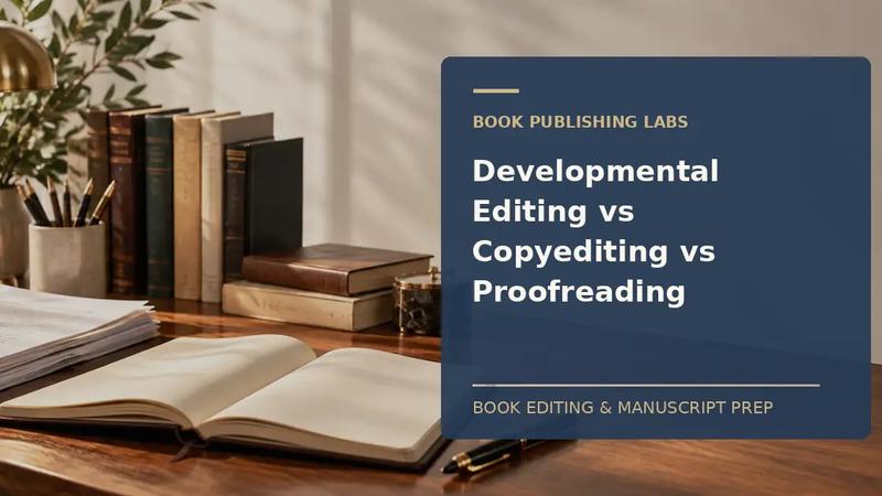 Book Publishing Labs guide to developmental editing vs copyediting: writer desk and manuscript