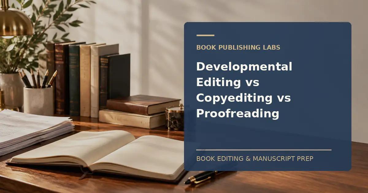 Book Publishing Labs guide to developmental editing vs copyediting: writer desk and manuscript