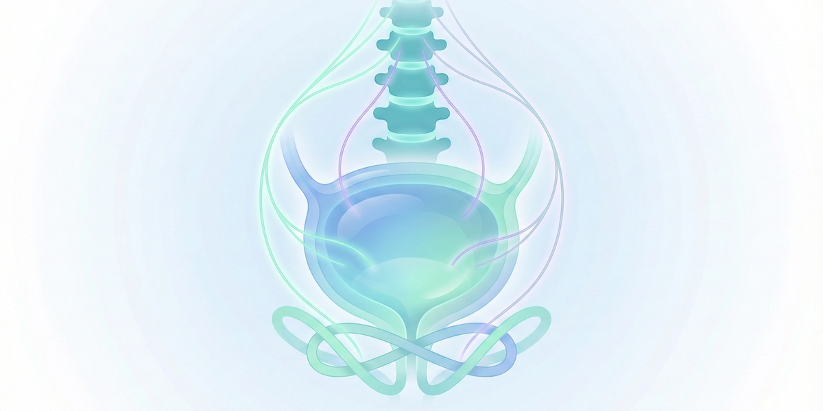 An abstract, semi-realistic medical illustration depicting the bladder and its nerve pathways. The bladder is formed by layered, translucent turquoise and soft blue volumes, conveying its three-dimensional structure without specific internal anatomical details. Delicate, glowing nerve pathways emerge from the bladder: A-delta fibres are represented as thin green lines, and C-fibres as subtle purple lines. These nerve lines converge upwards towards an abstract spinal column, which appears as stacked rounded segments. Gentle dots are integrated along the nerve pathways, indicating synaptic markers. Beneath the bladder, the pelvic floor is suggested by interwoven mint-colored curves. The entire illustration features smooth, gel-like shading with crisp edges and is set against a soft radial blue gradient background, adhering to GGO Med's mint-teal-blue palette, calm, and modern style. No anatomical details of the urethra or genital structures are shown.