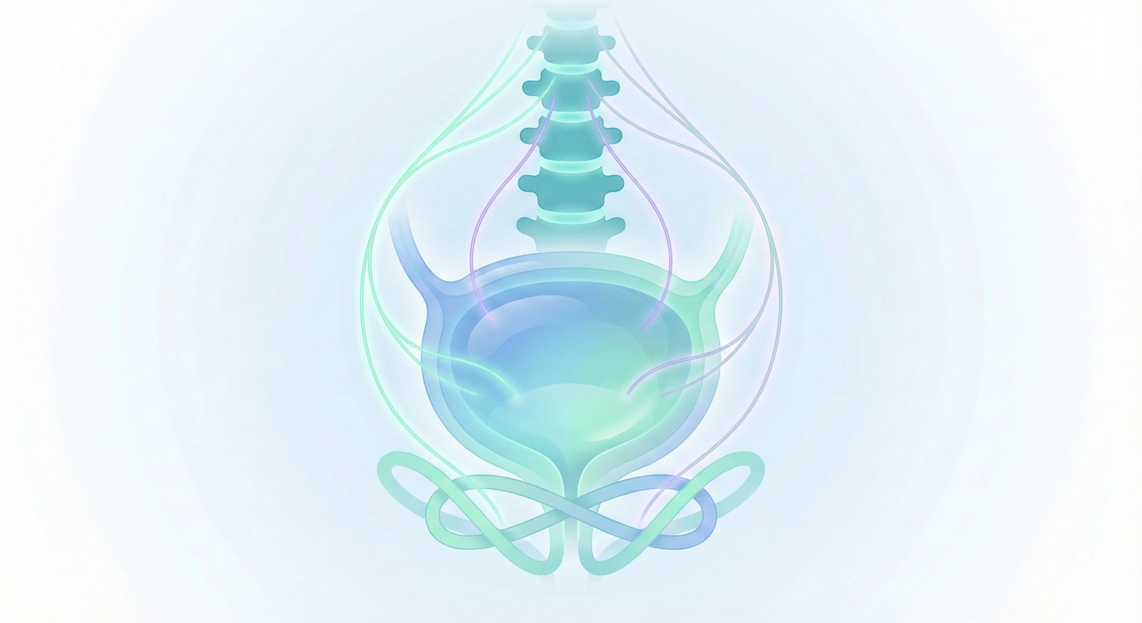 An abstract, semi-realistic medical illustration depicting the bladder and its nerve pathways. The bladder is formed by layered, translucent turquoise and soft blue volumes, conveying its three-dimensional structure without specific internal anatomical details. Delicate, glowing nerve pathways emerge from the bladder: A-delta fibres are represented as thin green lines, and C-fibres as subtle purple lines. These nerve lines converge upwards towards an abstract spinal column, which appears as stacked rounded segments. Gentle dots are integrated along the nerve pathways, indicating synaptic markers. Beneath the bladder, the pelvic floor is suggested by interwoven mint-colored curves. The entire illustration features smooth, gel-like shading with crisp edges and is set against a soft radial blue gradient background, adhering to GGO Med's mint-teal-blue palette, calm, and modern style. No anatomical details of the urethra or genital structures are shown.