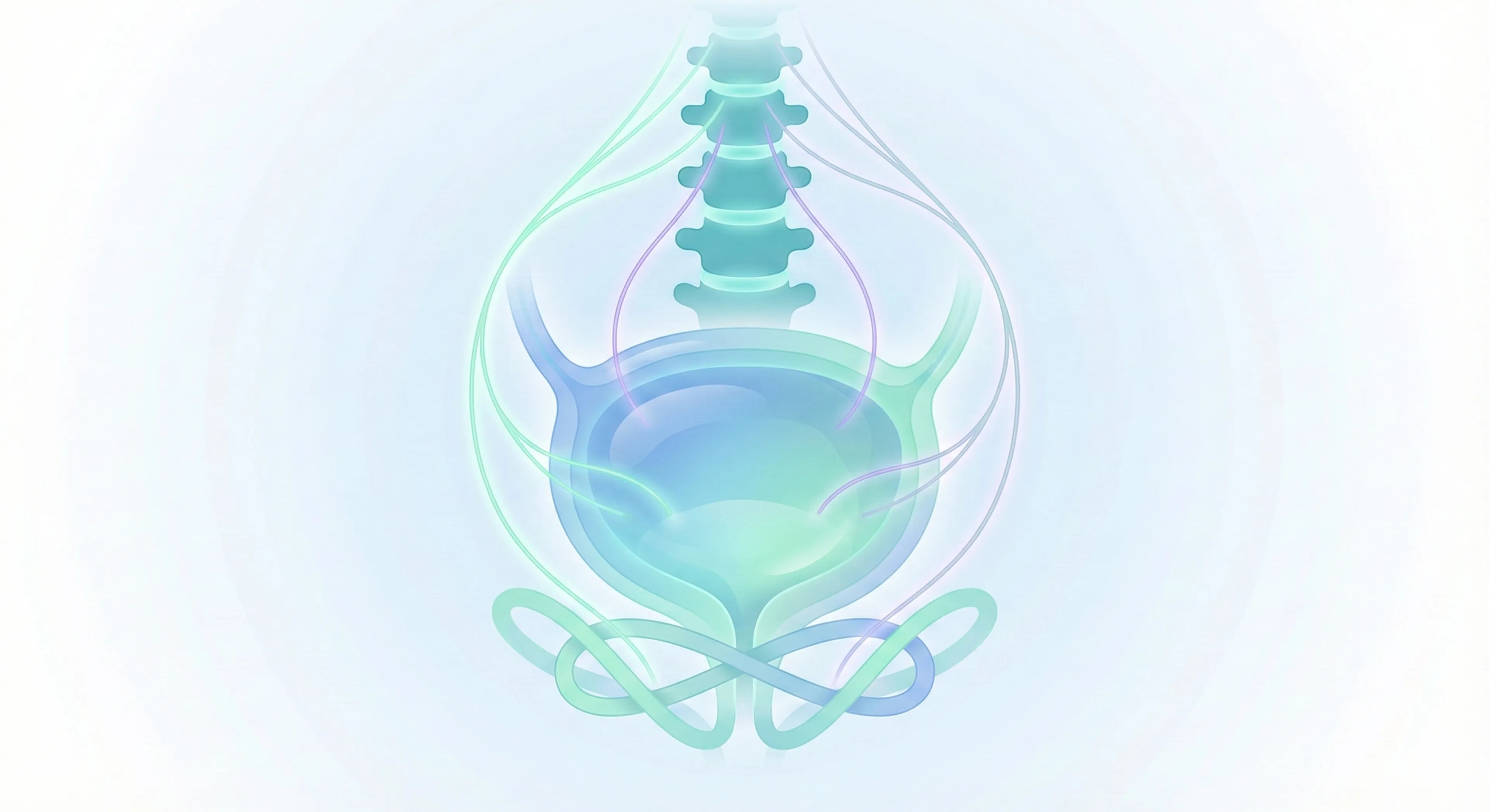 An abstract, semi-realistic medical illustration depicting the bladder and its nerve pathways. The bladder is formed by layered, translucent turquoise and soft blue volumes, conveying its three-dimensional structure without specific internal anatomical details. Delicate, glowing nerve pathways emerge from the bladder: A-delta fibres are represented as thin green lines, and C-fibres as subtle purple lines. These nerve lines converge upwards towards an abstract spinal column, which appears as stacked rounded segments. Gentle dots are integrated along the nerve pathways, indicating synaptic markers. Beneath the bladder, the pelvic floor is suggested by interwoven mint-colored curves. The entire illustration features smooth, gel-like shading with crisp edges and is set against a soft radial blue gradient background, adhering to GGO Med's mint-teal-blue palette, calm, and modern style. No anatomical details of the urethra or genital structures are shown.