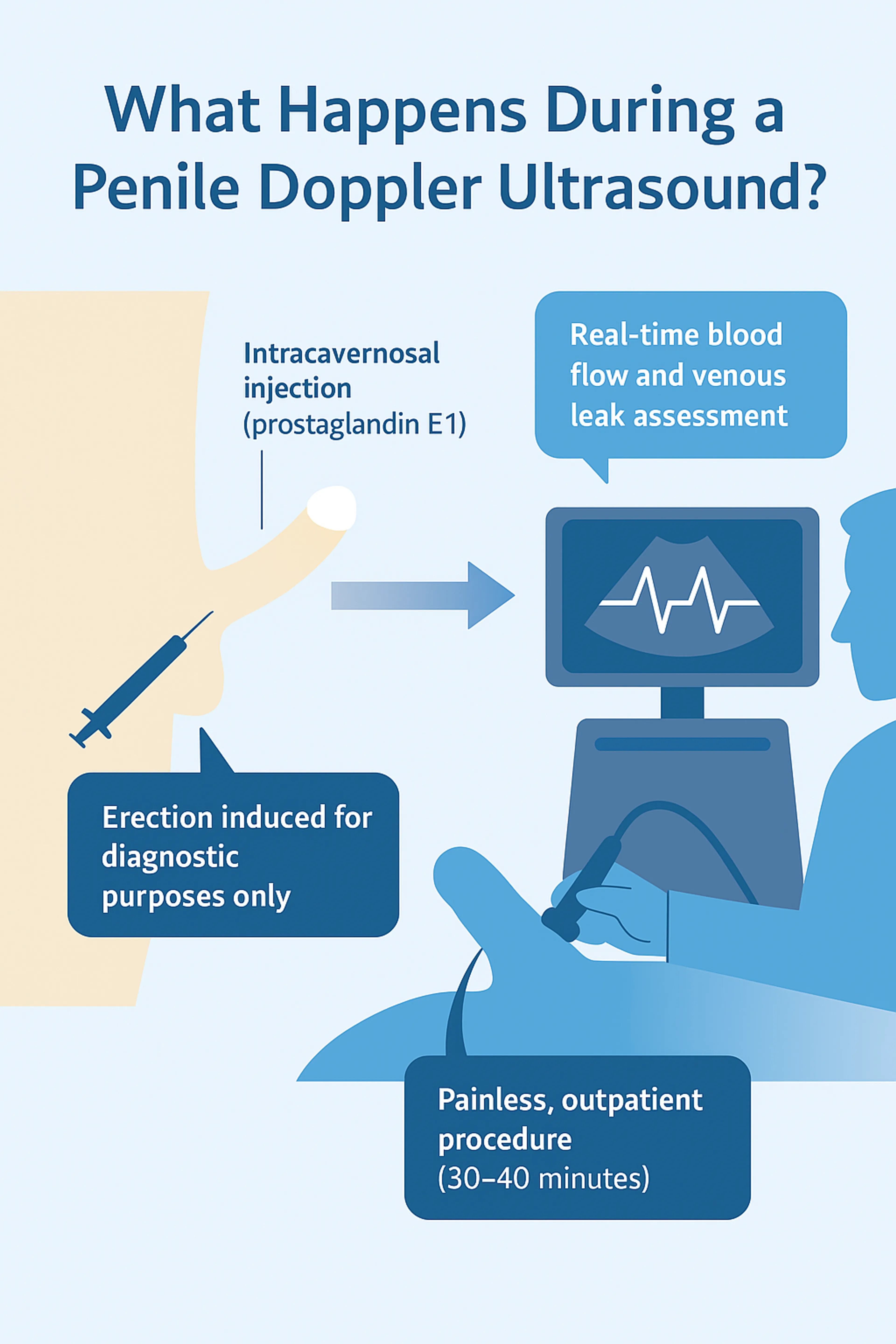 Diagram showing steps of a penile Doppler ultrasound including injection and ultrasound imaging.