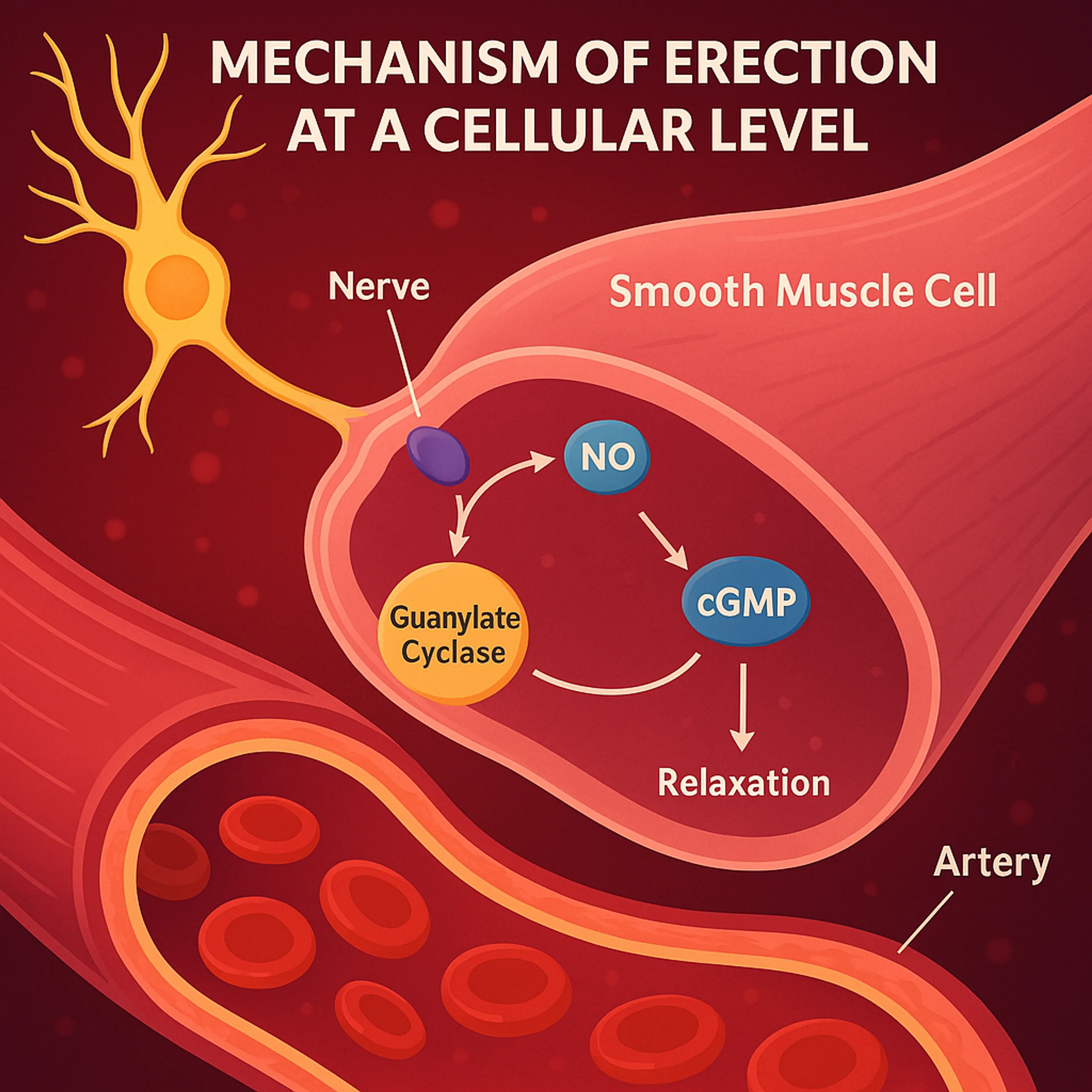 graphical illustration of the cascade of signals between nerve and smooth muscle cells in the penis causing erection.