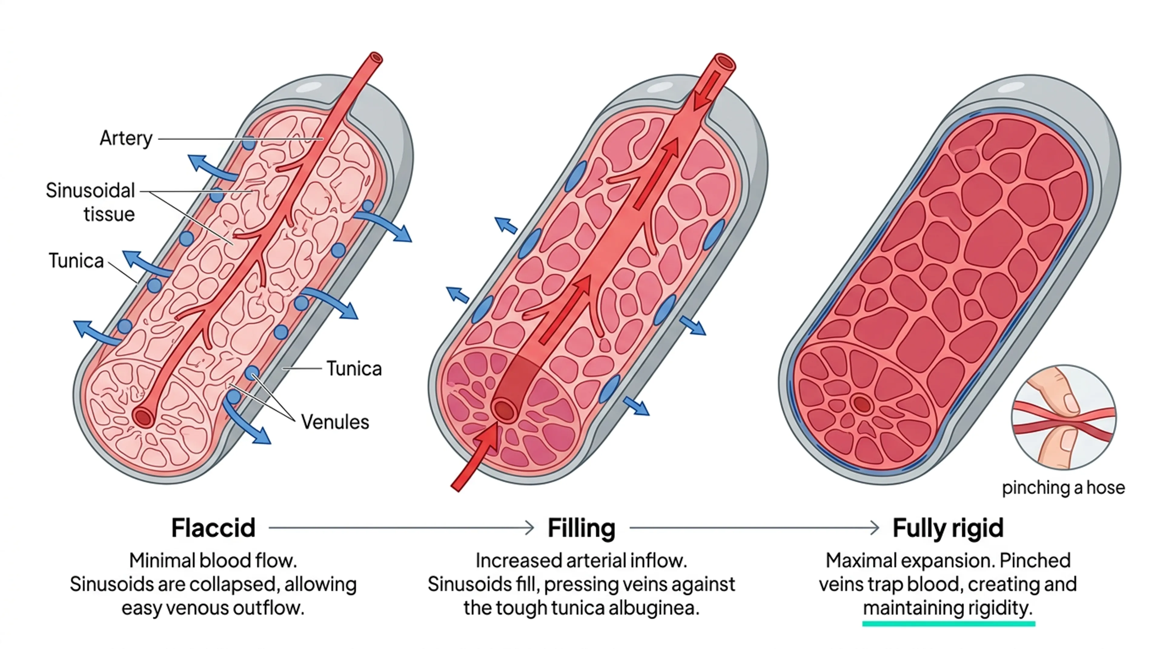 A medical illustration showing a cross-section of the penis functioning as a hydraulic system. It depicts blood entering through the arteries into the erectile chambers (corpora cavernosa) and the resulting pressure physically compressing the veins against the outer tunica albuginea to prevent blood from leaving.