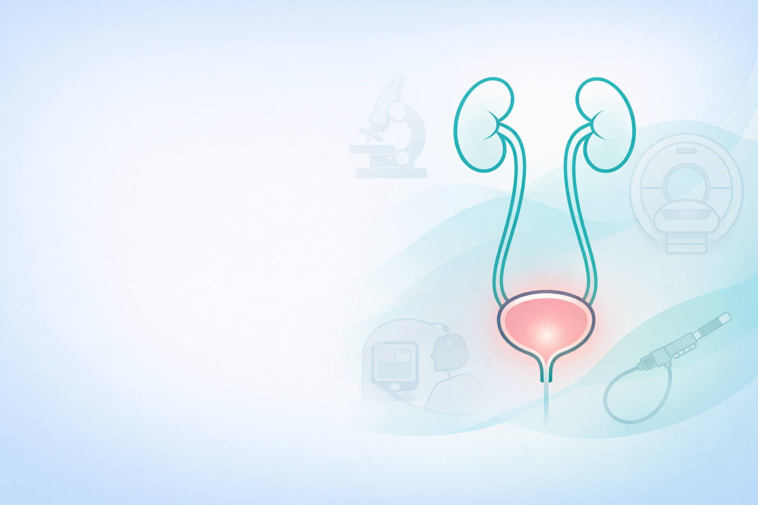 Calm medical illustration showing the urinary tract (kidneys, ureters and bladder) drawn in soft teal lines on a pale blue-to-white background. The bladder is gently highlighted with a subtle pink glow to indicate haematuria. Faint diagnostic icons (microscope and imaging) appear in the background, with clear white space on the left for page text.