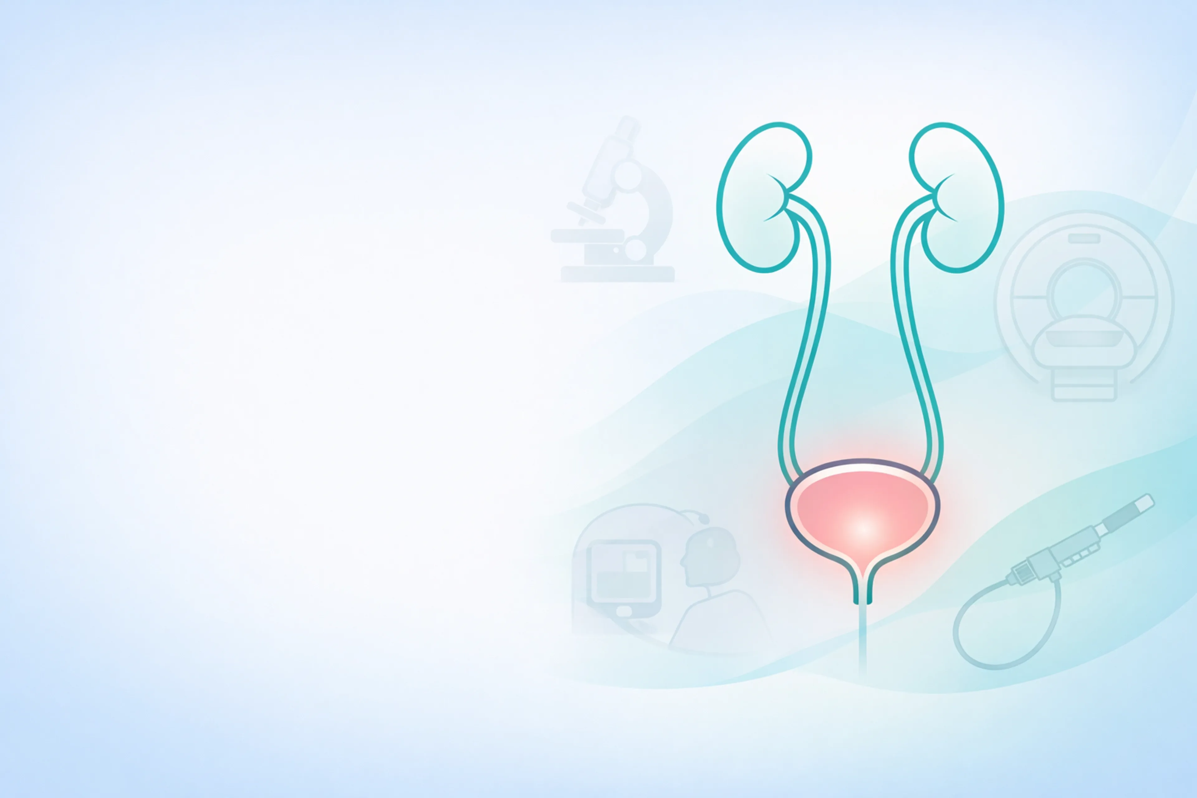 Calm medical illustration showing the urinary tract (kidneys, ureters and bladder) drawn in soft teal lines on a pale blue-to-white background. The bladder is gently highlighted with a subtle pink glow to indicate haematuria. Faint diagnostic icons (microscope and imaging) appear in the background, with clear white space on the left for page text.