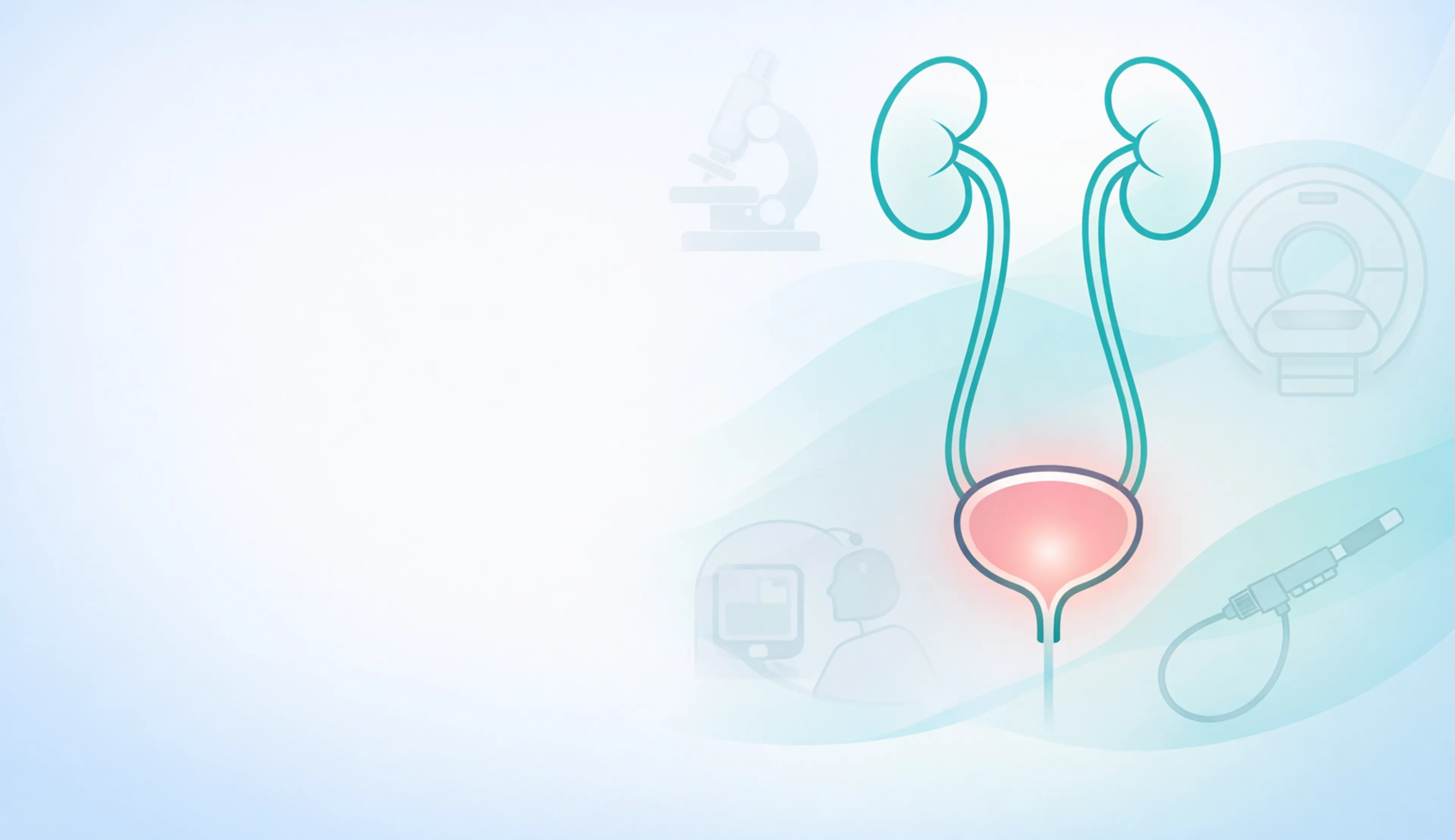 Calm medical illustration showing the urinary tract (kidneys, ureters and bladder) drawn in soft teal lines on a pale blue-to-white background. The bladder is gently highlighted with a subtle pink glow to indicate haematuria. Faint diagnostic icons (microscope and imaging) appear in the background, with clear white space on the left for page text.