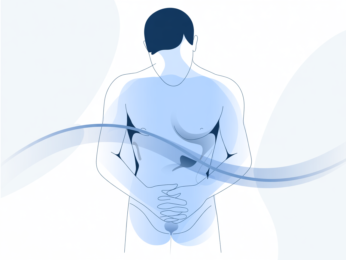 Abstract blue illustration of a man holding his lower abdomen and pelvis, symbolising penile curvature and the emotional impact of Peyronie’s disease.