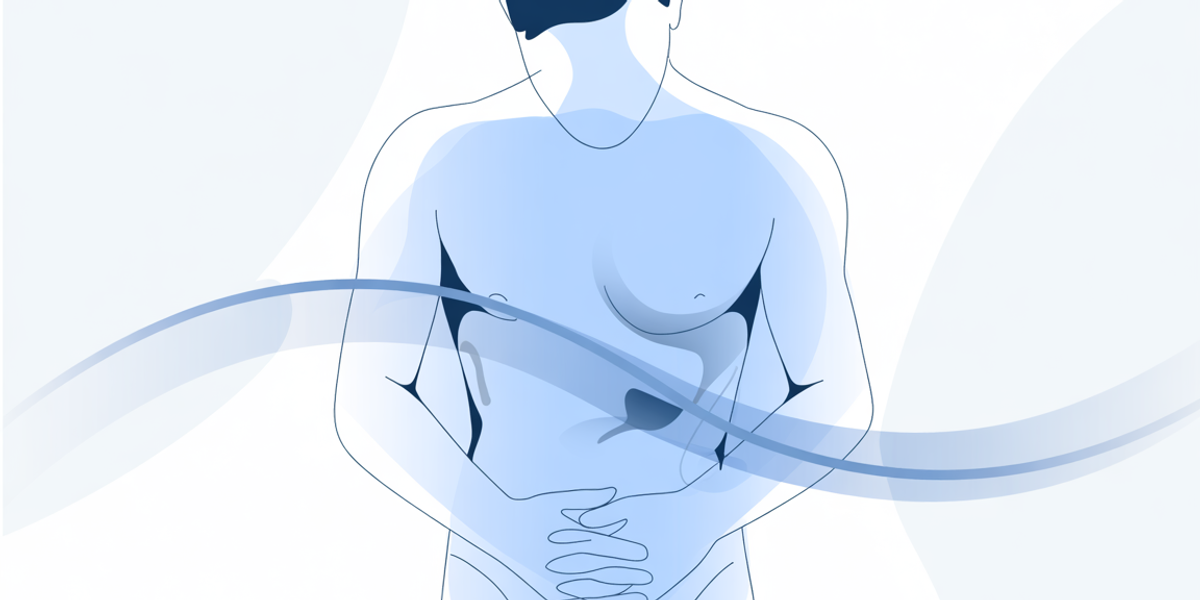 Abstract blue illustration of a man holding his lower abdomen and pelvis, symbolising penile curvature and the emotional impact of Peyronie’s disease.
