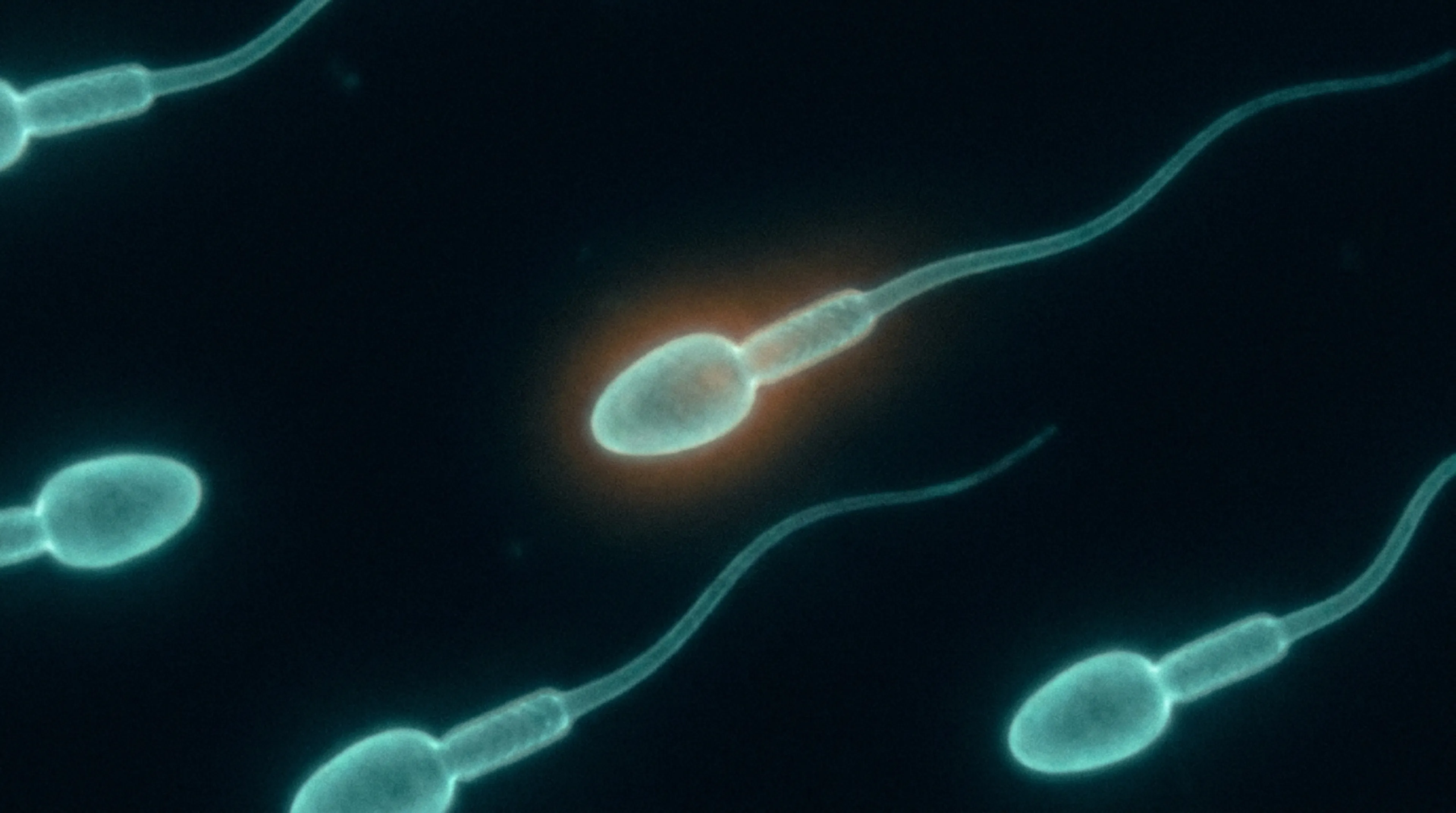 Microscopy-style illustration of sperm cells — one with orange oxidative-stress halo illustrating DNA fragmentation