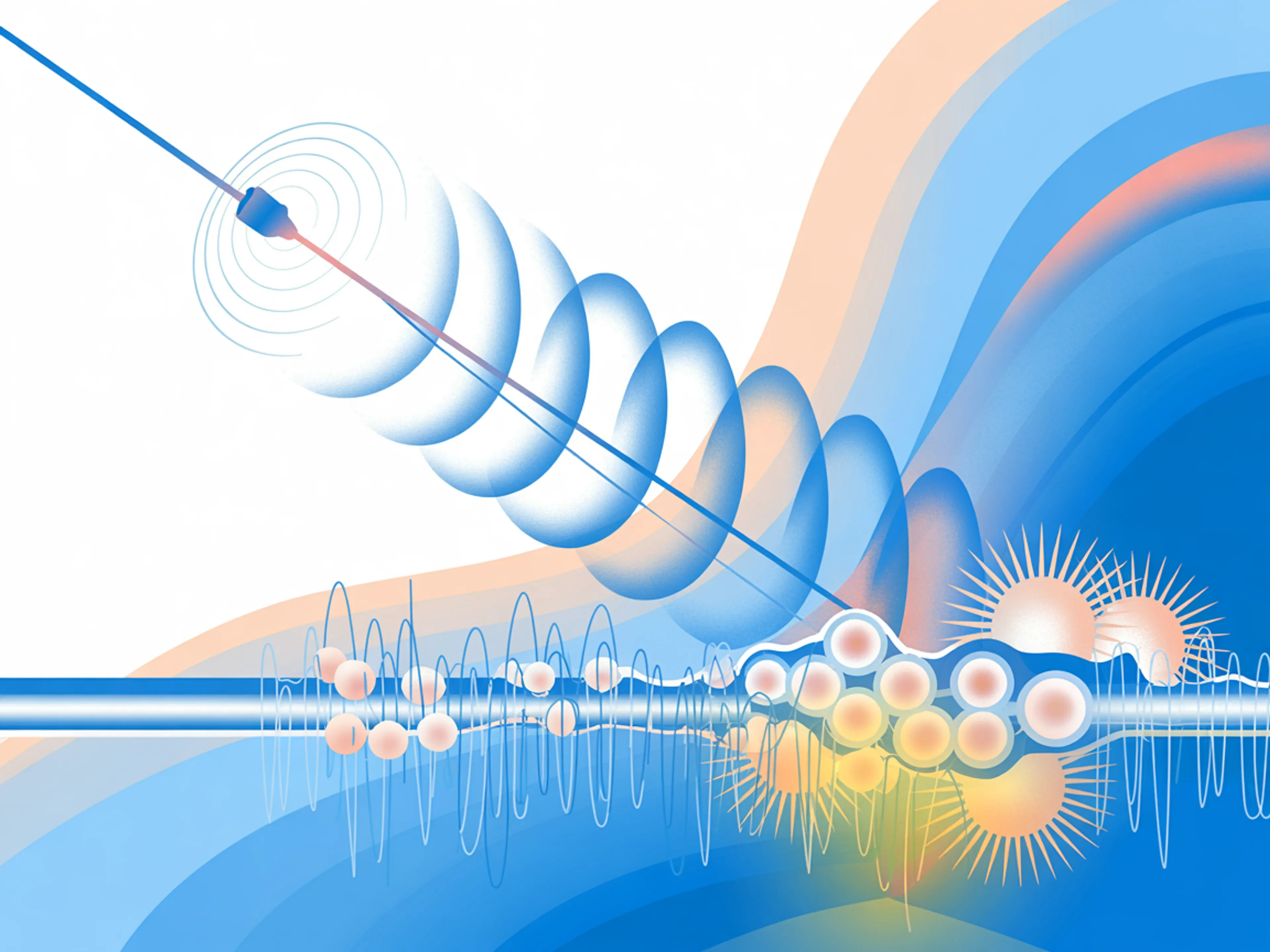 Illustration showing acoustic waves triggering tissue regeneration through mechanotransduction" title="How shockwave therapy activates tissue repair through mechanotransduction">                                                                     <p>Where acoustic waves reach, cells become activated and regeneration begins — this is the principle of mechanotransduction.