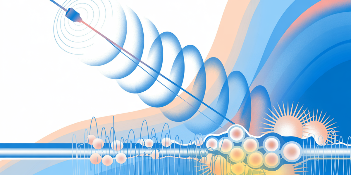An artistic illustration of soundwaves hitting a pool of cells. 