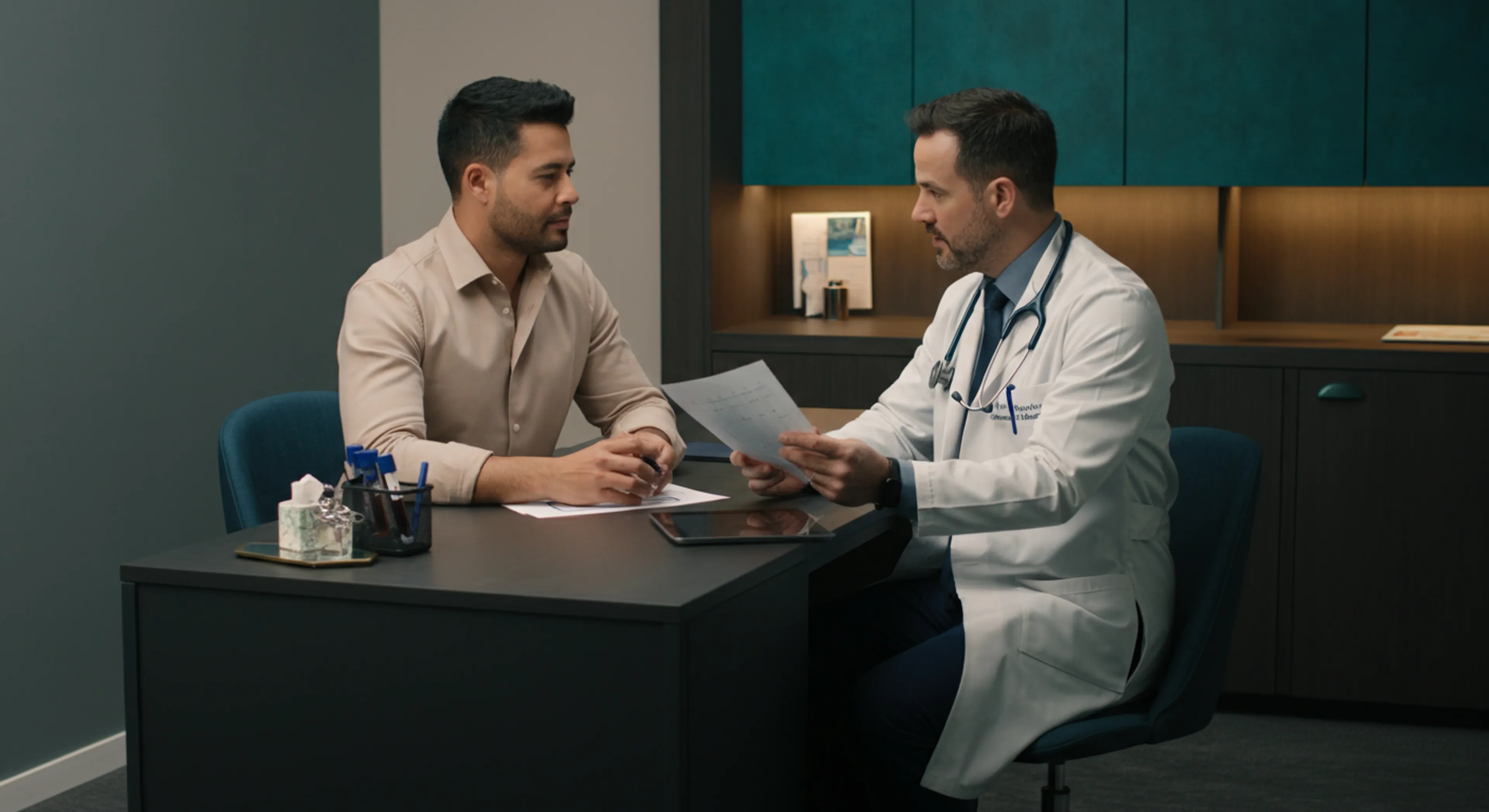 Consultant urologist reviewing testosterone levels with a patient at a London clinic