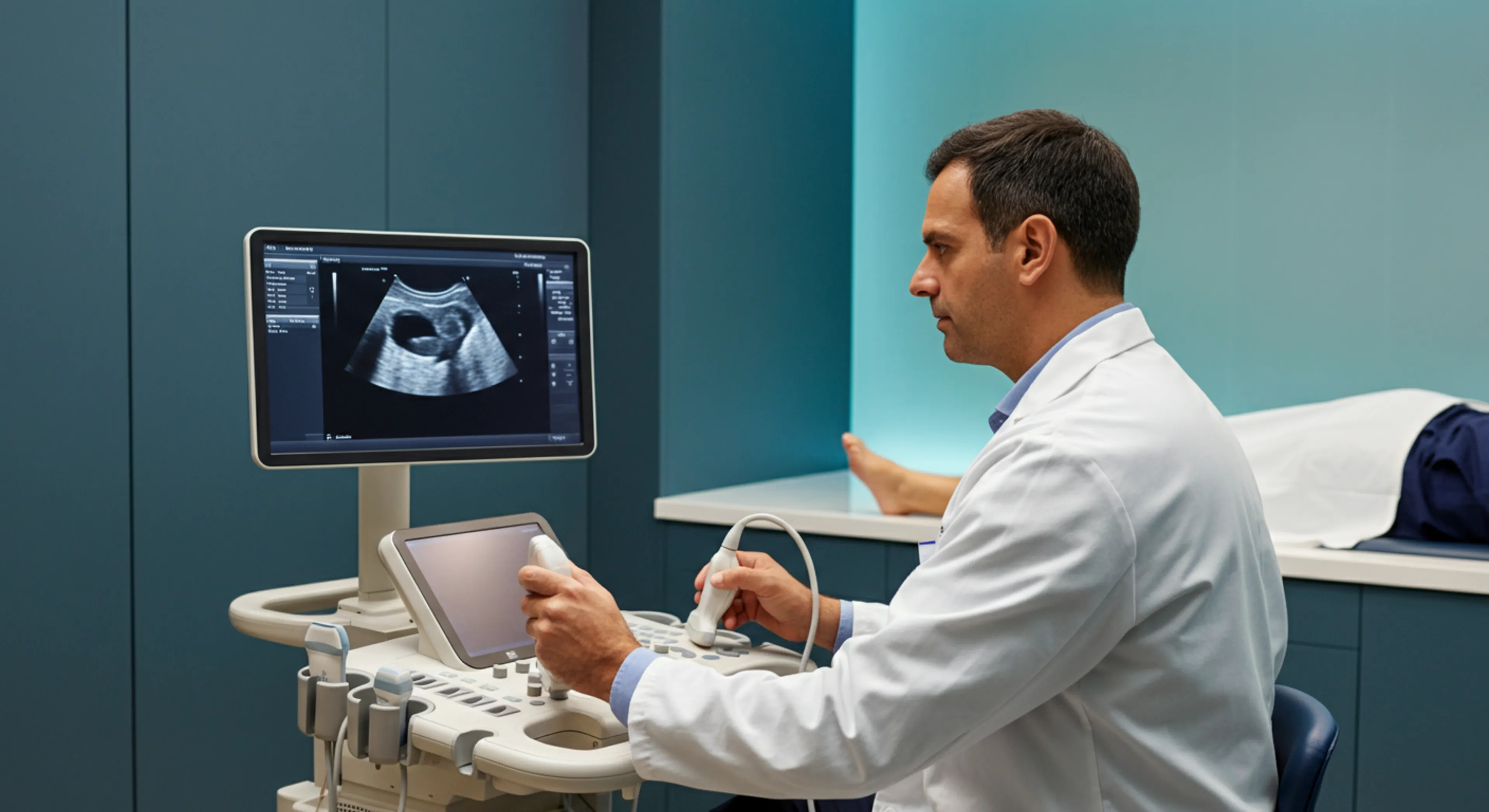 Consultant urologist performing scrotal ultrasound to assess varicocele at a London clinic