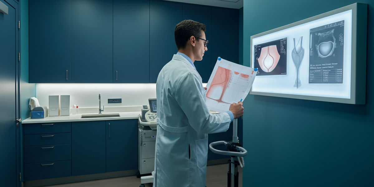 Consultant urologist reviewing LUTS diagnosis results with a patient in London