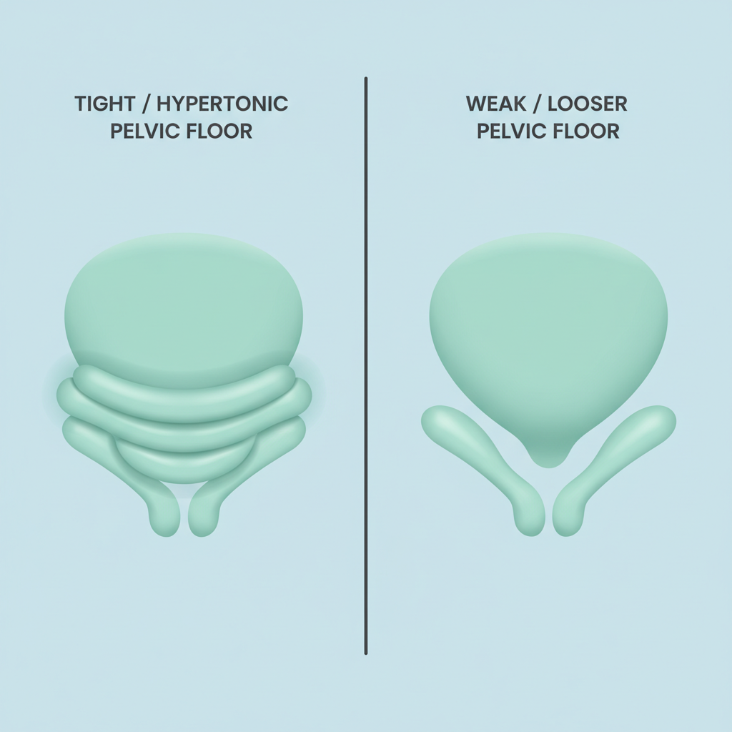A minimalist, side-by-side medical illustration contrasting two states of the pelvic floor. The left panel, titled 'Hypertonic Pelvic Floor', depicts a simplified, light peach-toned bladder shape gently compressed by several tight, overlapping bands of mint green, symbolizing an overly tense or contracted pelvic floor. The bands appear firm and closely aligned, indicating high tone. The right panel, titled 'Weak Pelvic Floor', shows the same light peach-toned bladder shape with visibly looser, more relaxed mint green bands surrounding it, indicating reduced support and decreased muscle tone. The bands are depicted with more space between them and less structural integrity. Both panels use soft gradients and a clean, clinical vector-hybrid style with no genital structures, adhering to a GGO Med minimalist aesthetic and palette.