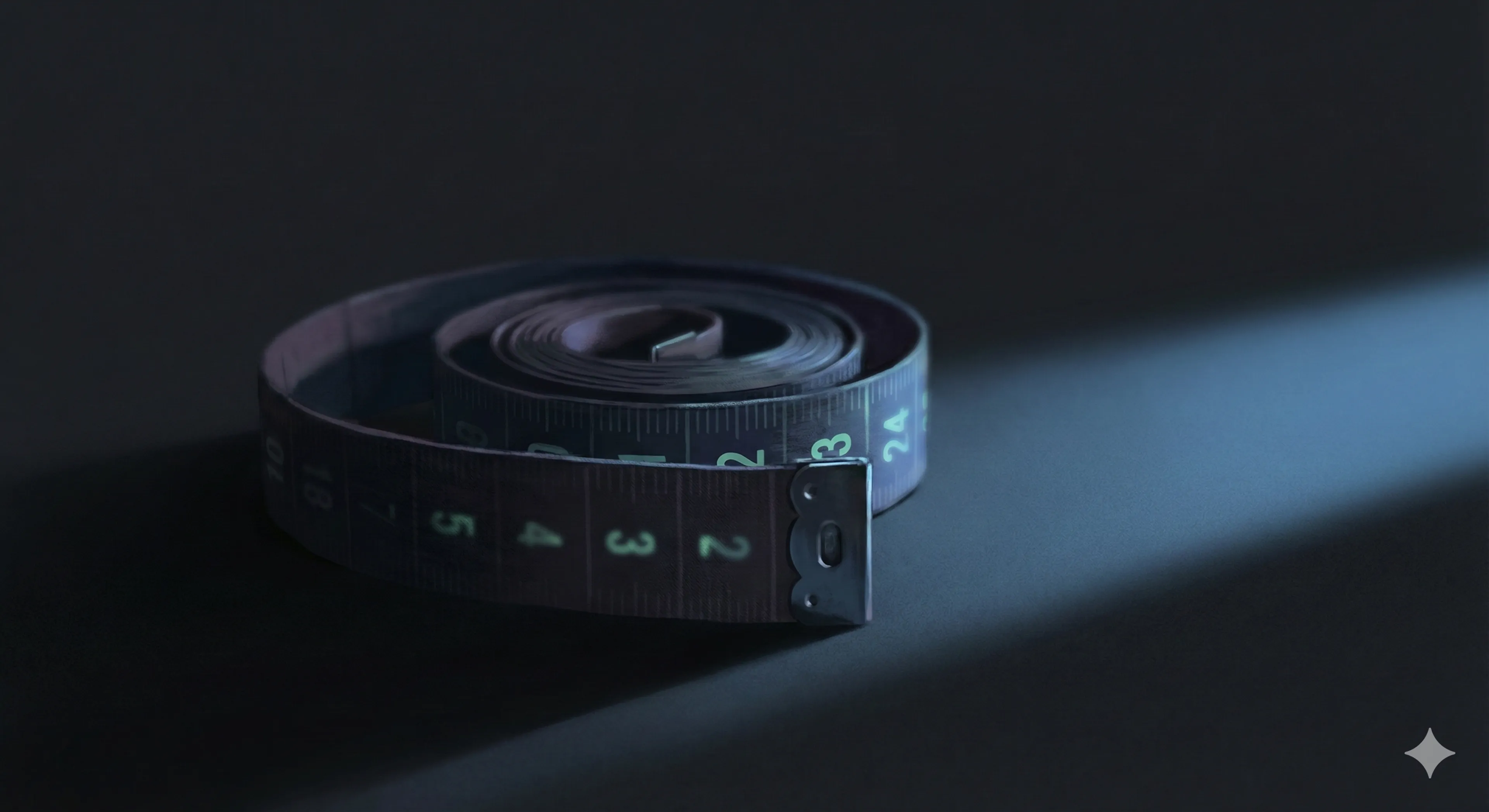 A coiled measuring tape in dramatic low lighting, symbolising the obsessive self-measurement cycle in penile dysmorphic disorder