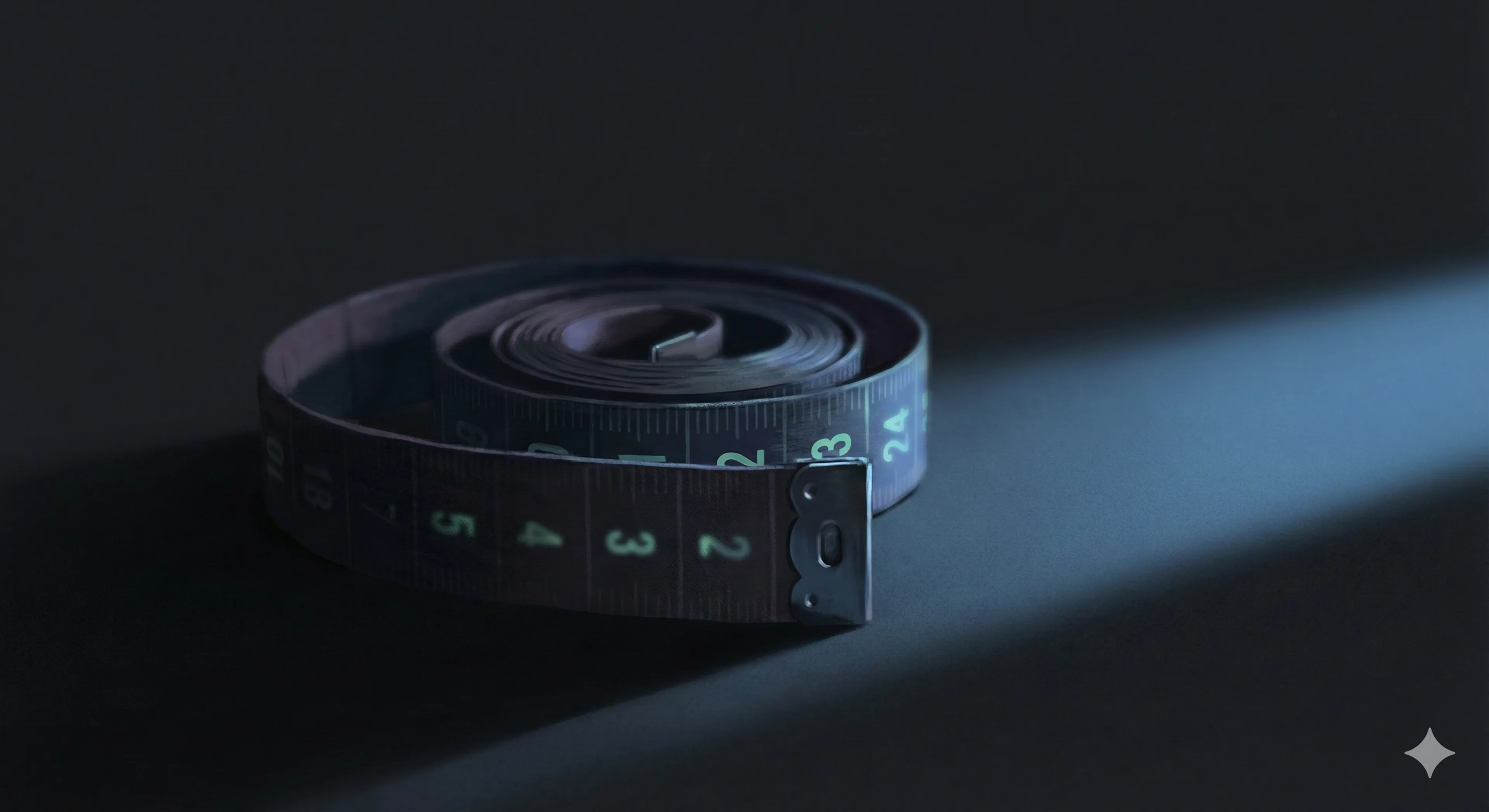 A coiled measuring tape in dramatic low lighting, symbolising the obsessive self-measurement cycle in penile dysmorphic disorder