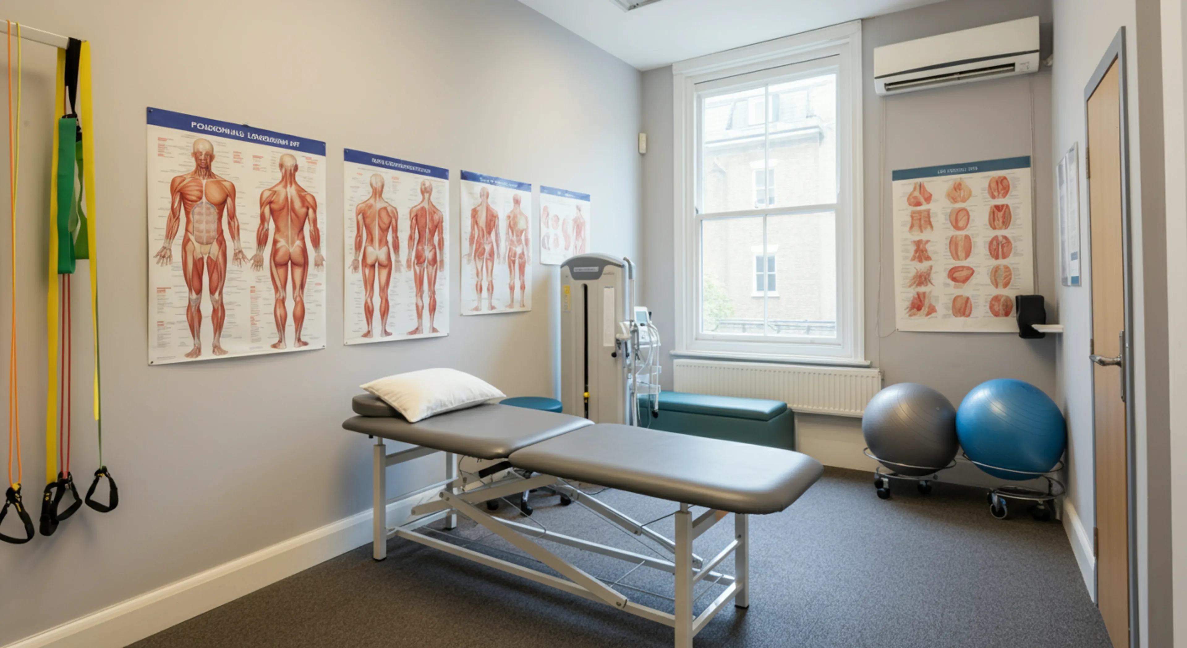 Professional physiotherapy consultation room showing a comfortable, private treatment space with anatomical charts and exercise equipment