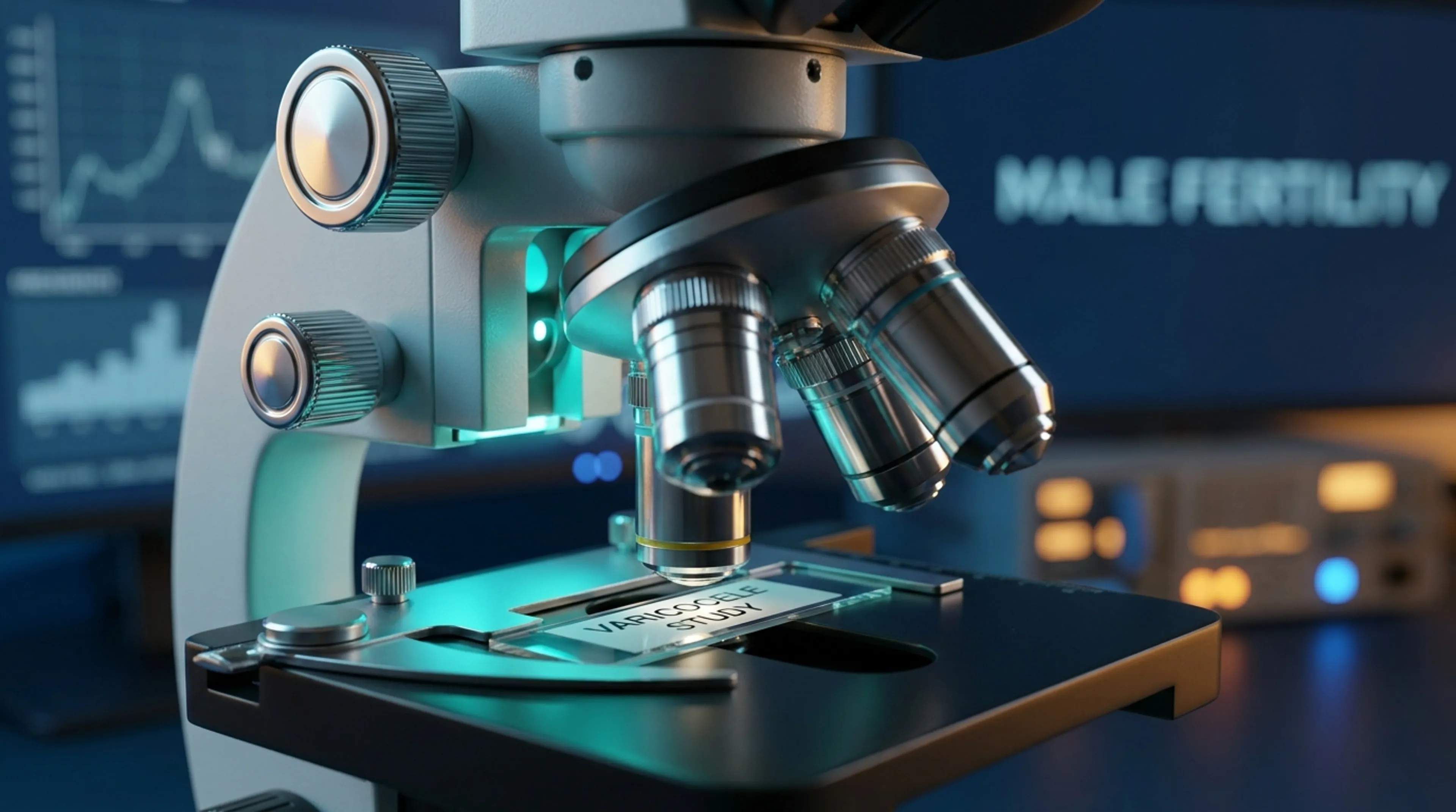 Medical laboratory microscope with teal accent lighting — varicocele and fertility