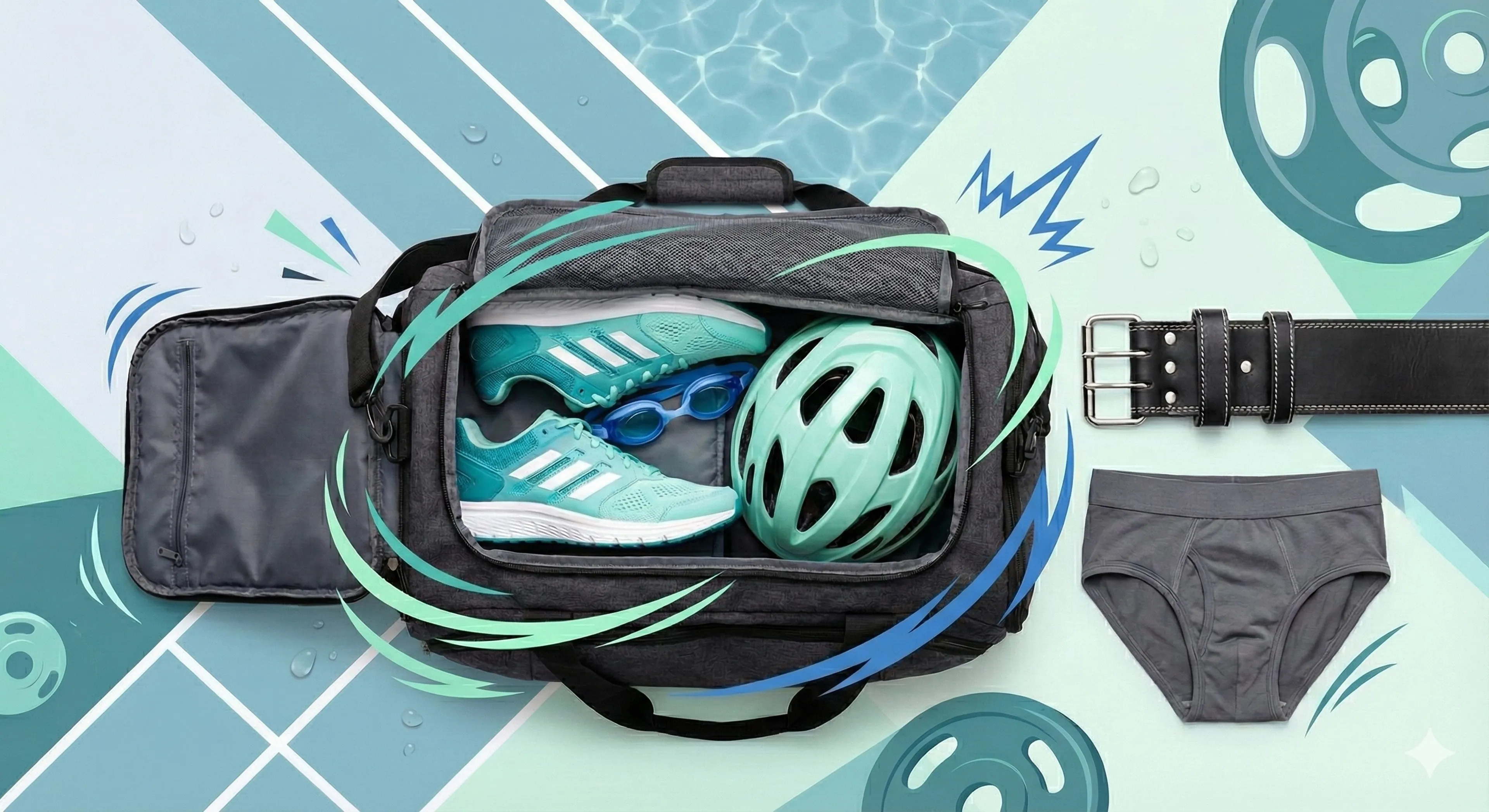 Gym bag with running shoes, goggles, and a cycling helmet next to a lifting belt and supportive underwear, representing how high-intensity training, cycling posture, impact sports and inadequate scrotal support can influence varicocele symptoms, testicular discomfort, and fertility in active men