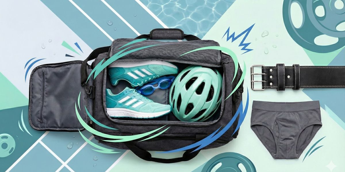 Gym bag with running shoes, goggles, and a cycling helmet next to a lifting belt and supportive underwear, representing how high-intensity training, cycling posture, impact sports and inadequate scrotal support can influence varicocele symptoms, testicular discomfort, and fertility in active men
