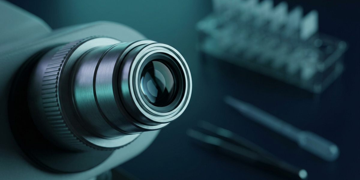 Close-up of a medical laboratory microscope with teal and navy blue lighting — semen analysis at GGOMed