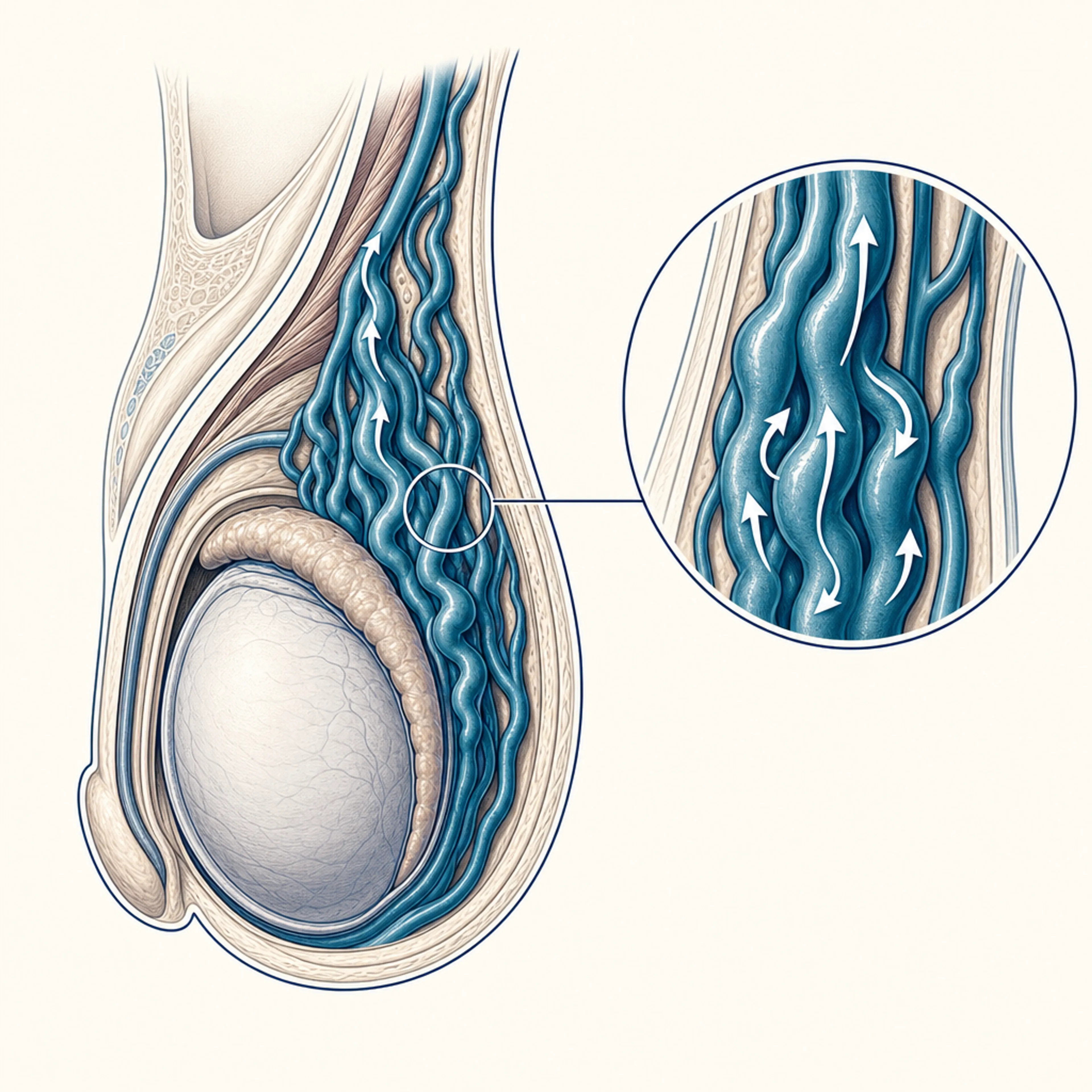 Cross-section anatomy showing varicocele — enlarged dilated veins above the testicle with reflux arrows