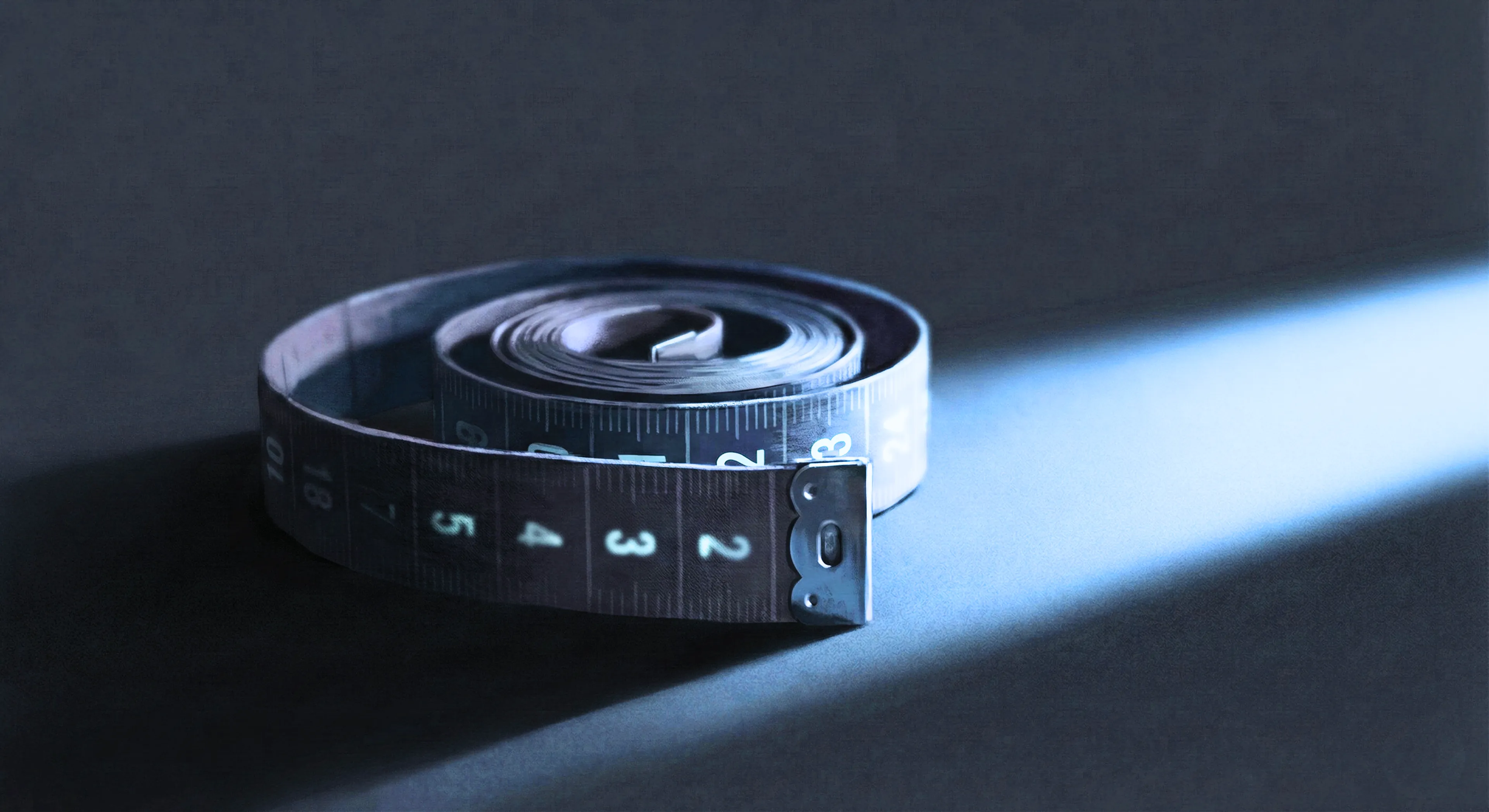 A coiled measuring tape in dramatic low lighting, symbolising the obsessive self-measurement cycle in penile dysmorphic disorder